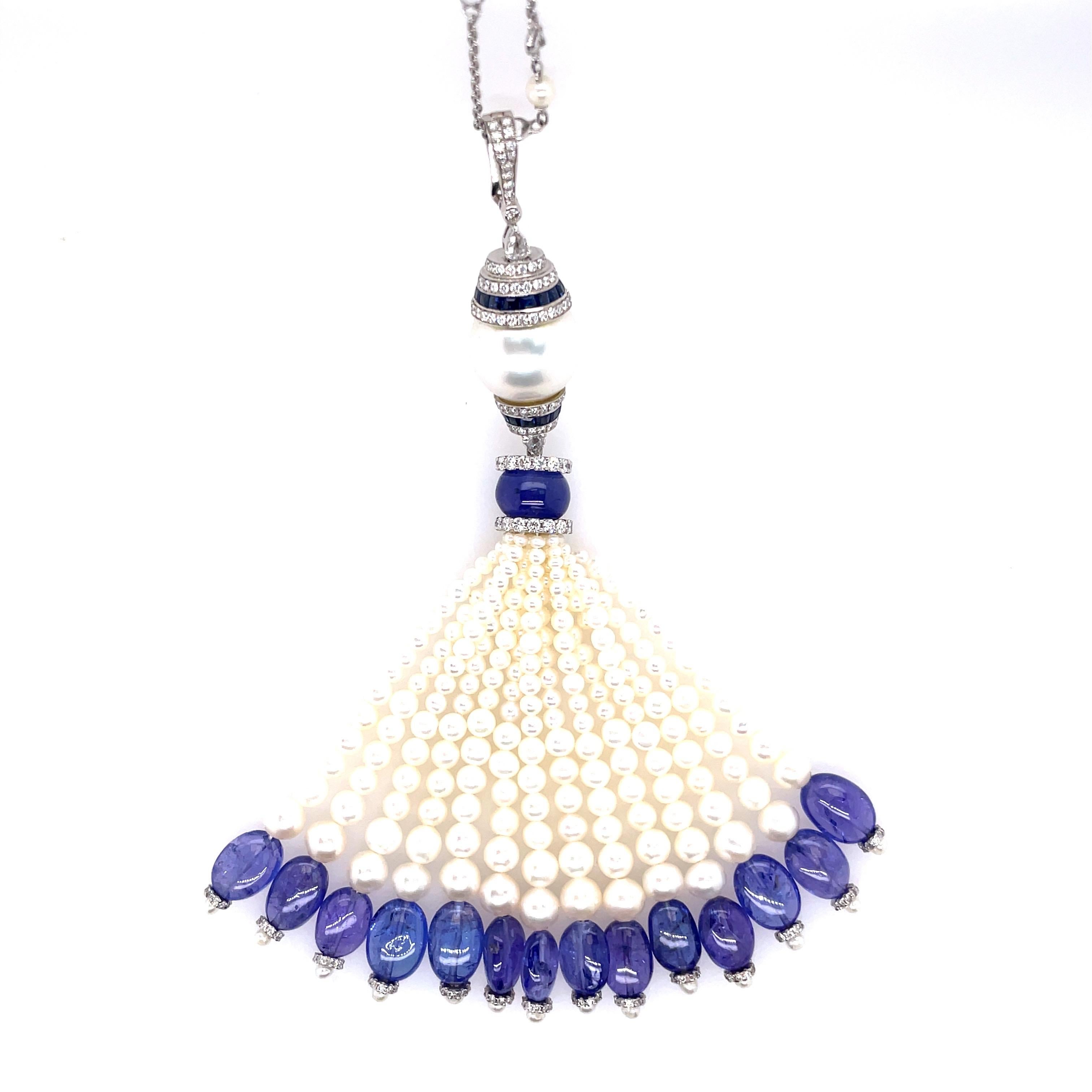 18K White Gold Pearl and Tanzanite Beaded Tassel

Masterpiece beyond compare; 18k White Gold Pearl and Tanzanite Beaded Tassel, an unparalleled fusion of enduring elegance and nature's splendor.

At the pinnacle, the cap sparkles with diamonds and