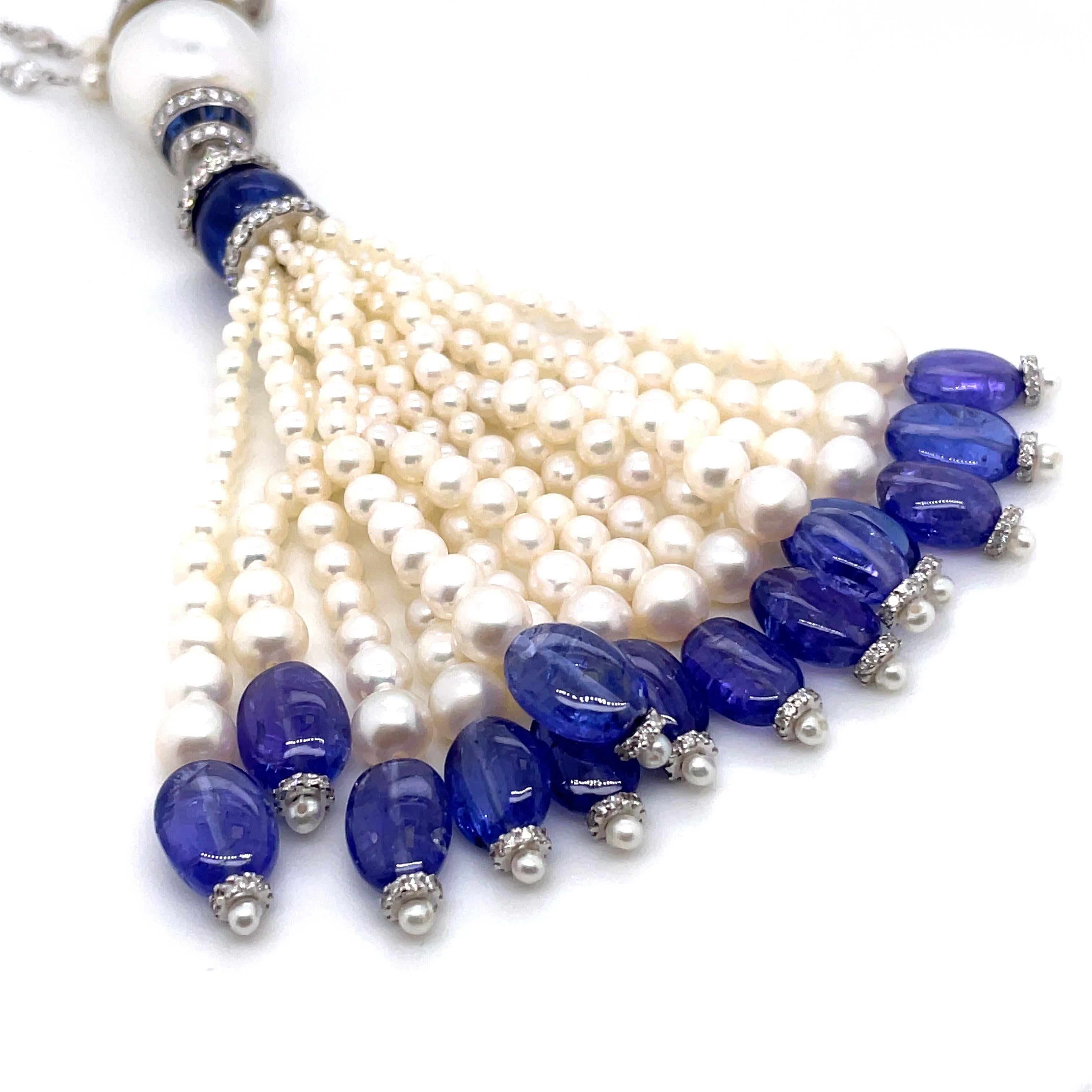 Contemporary 18K White Gold Pearl and Tanzanite Beaded Tassel For Sale