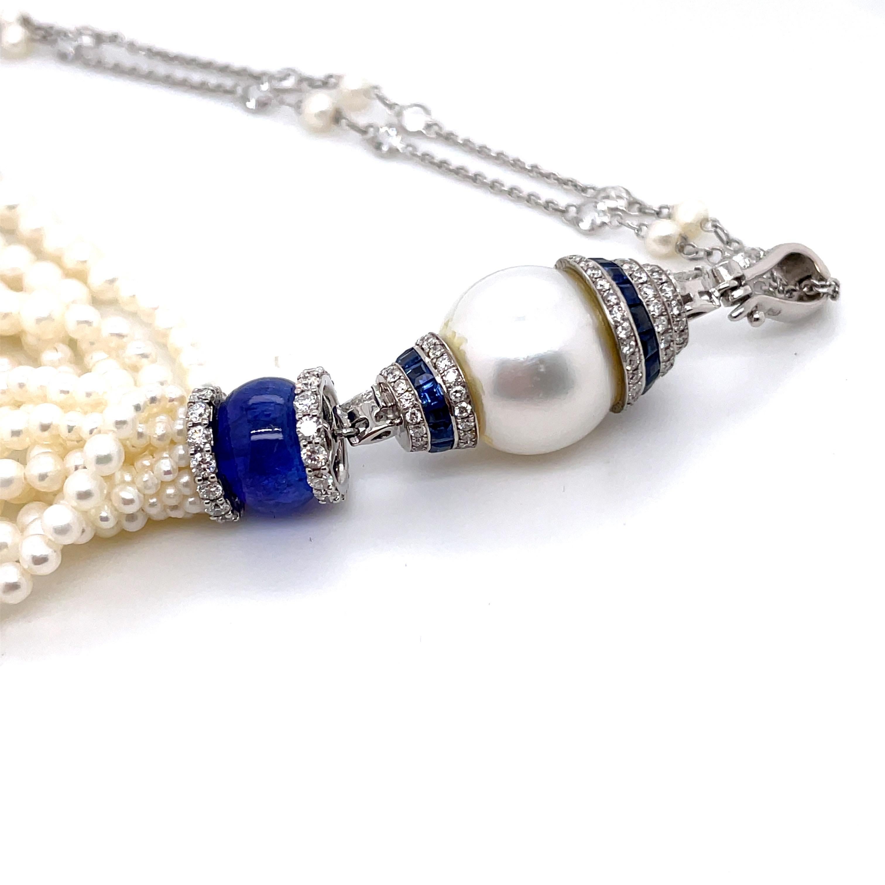 18K White Gold Pearl and Tanzanite Beaded Tassel In New Condition For Sale In Hong Kong, HK