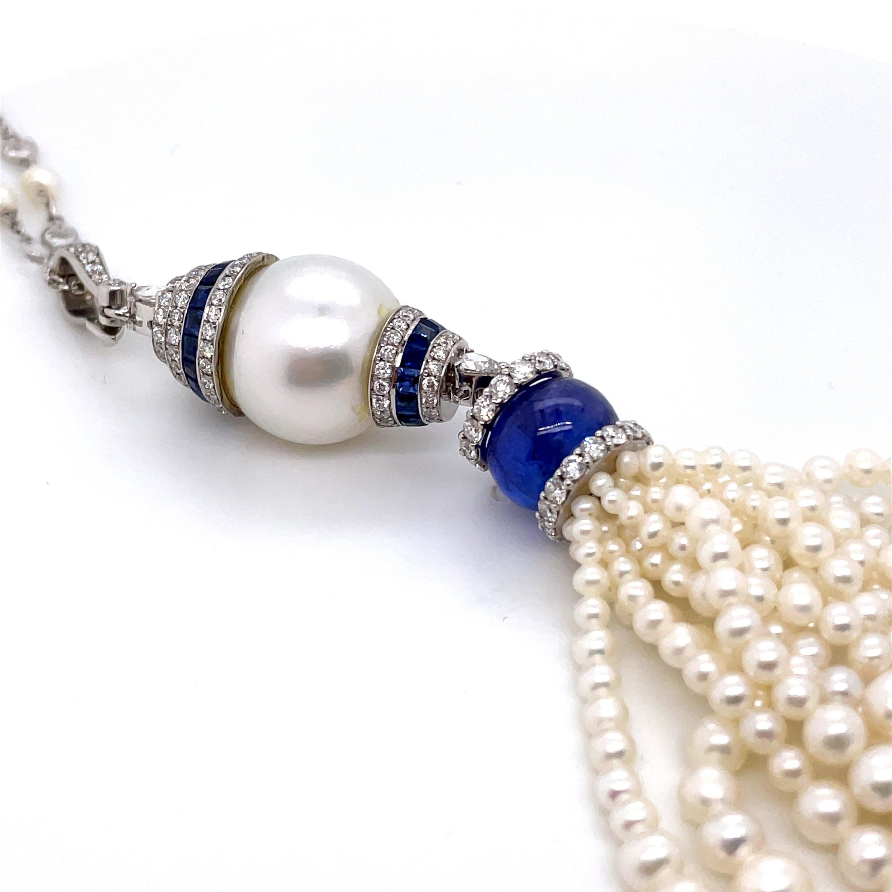 Women's 18K White Gold Pearl and Tanzanite Beaded Tassel For Sale