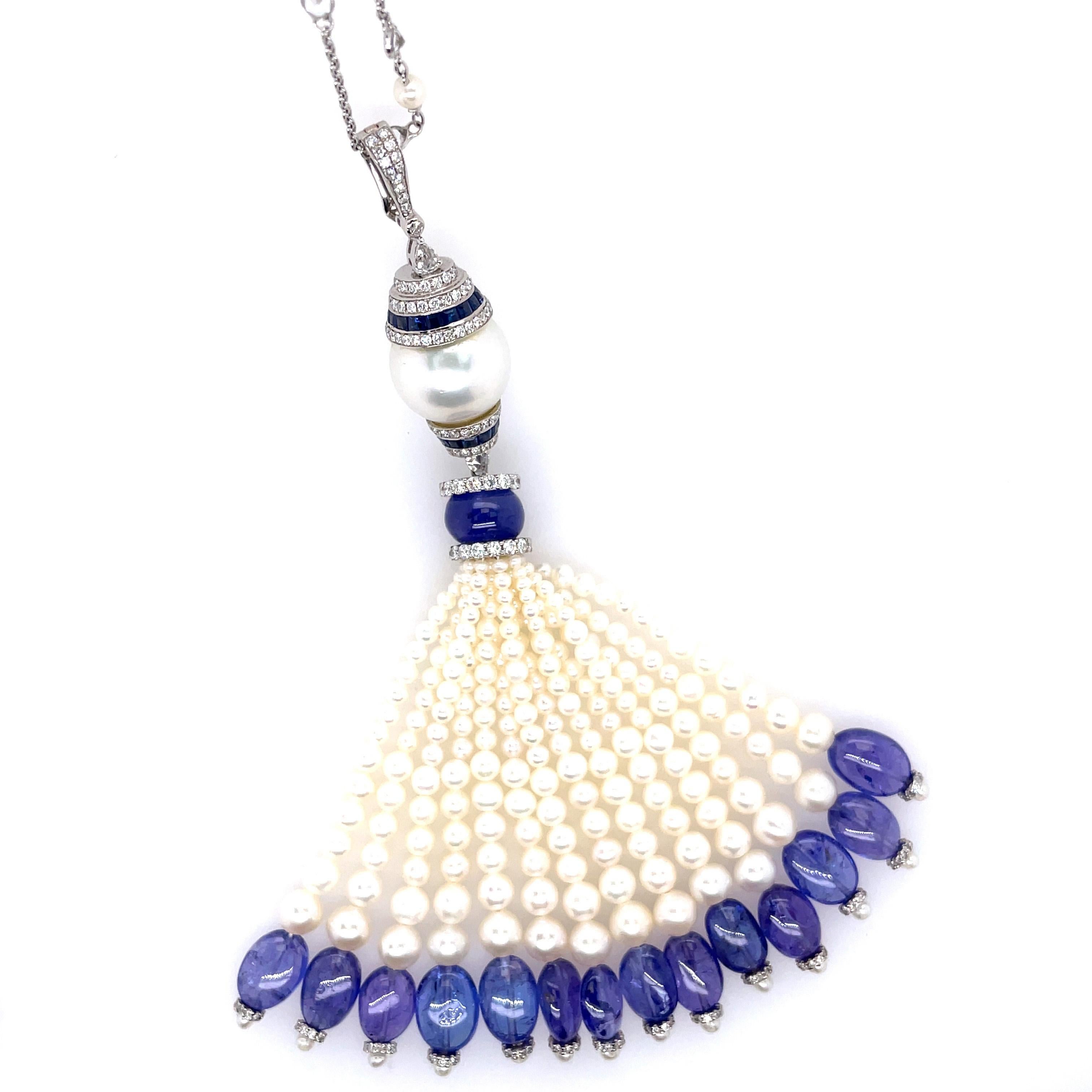 18K White Gold Pearl and Tanzanite Beaded Tassel For Sale 1