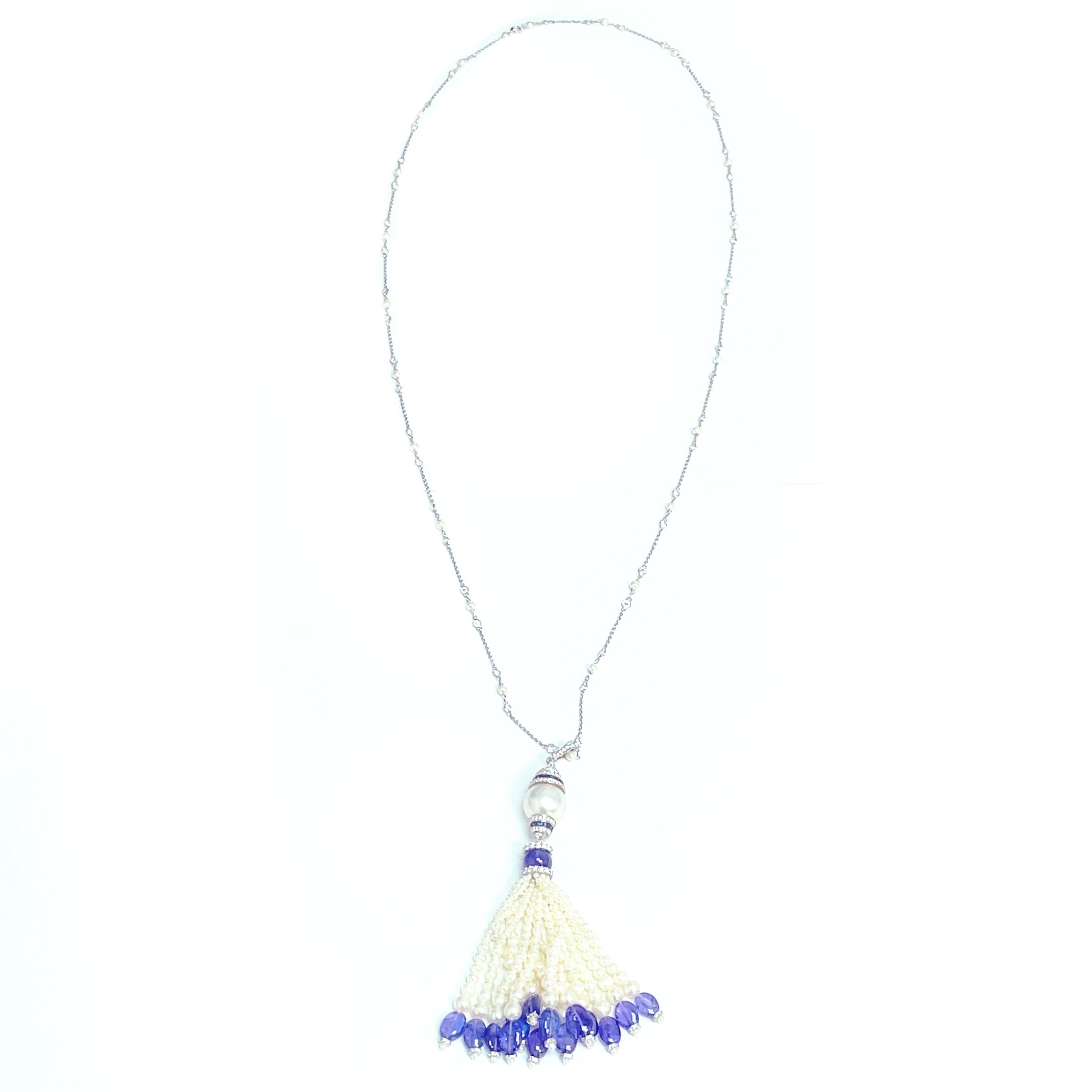 18K White Gold Pearl and Tanzanite Beaded Tassel For Sale 2