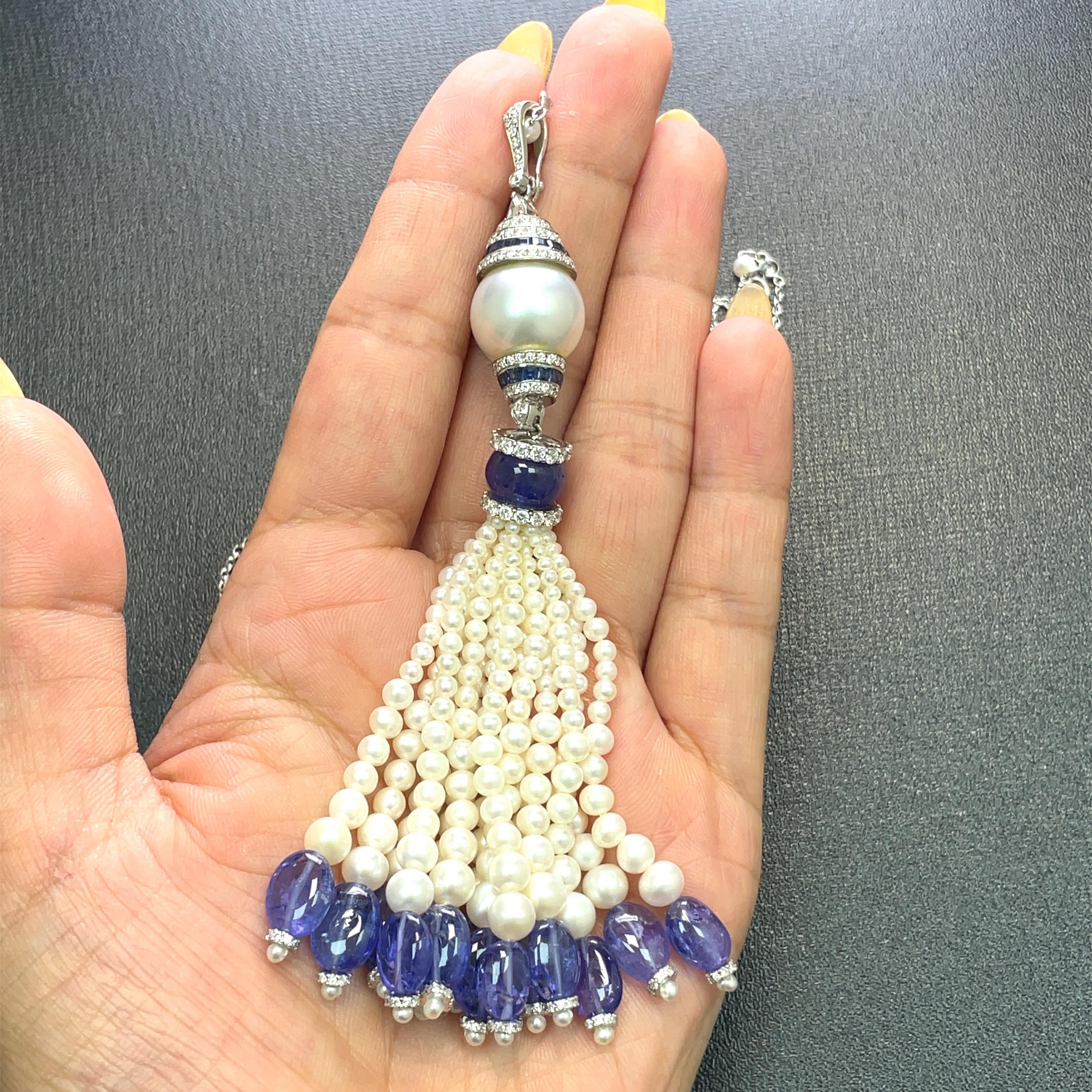 18K White Gold Pearl and Tanzanite Beaded Tassel For Sale 3