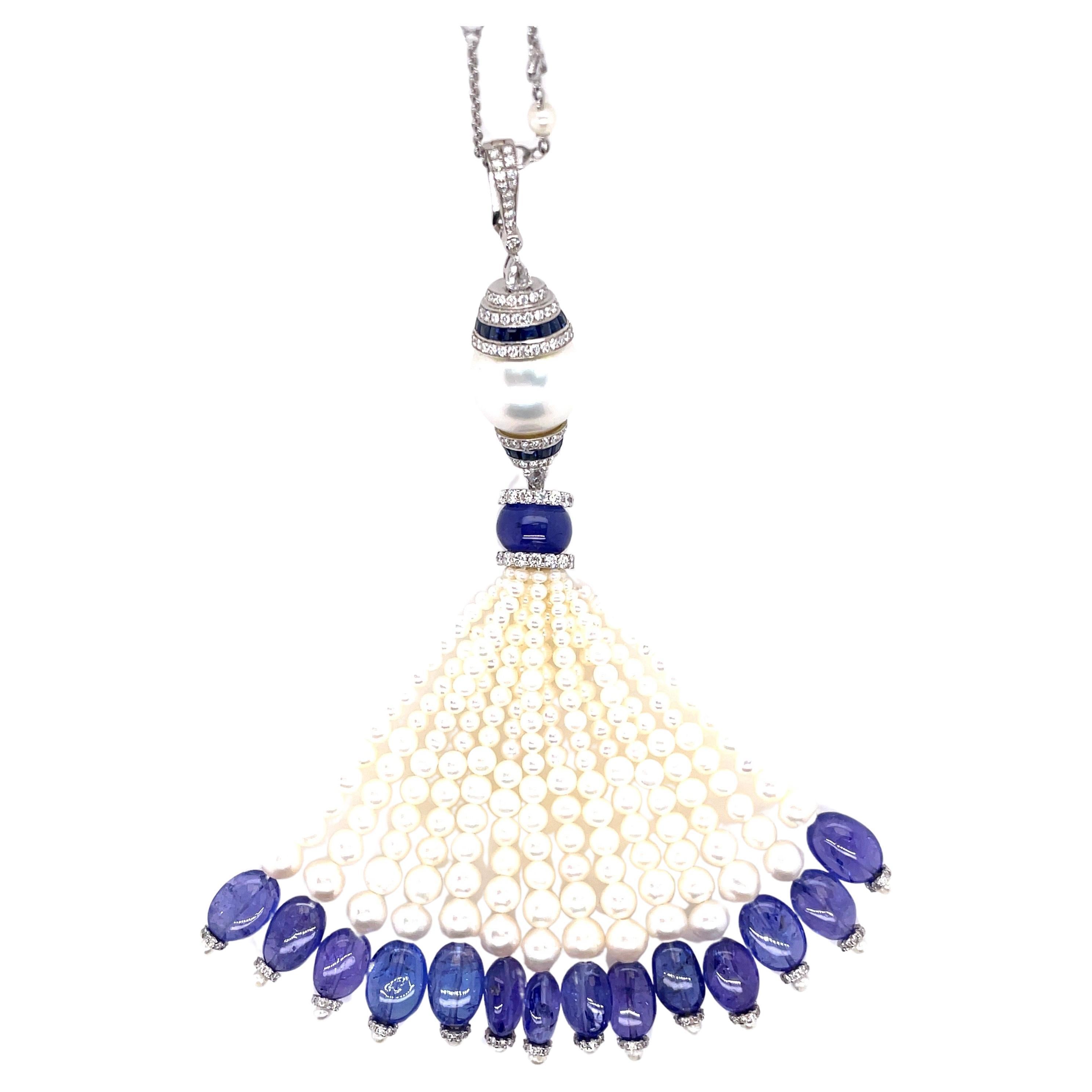 18K White Gold Pearl and Tanzanite Beaded Tassel For Sale