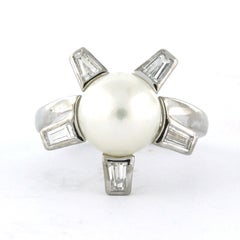 18k White Gold Pearl and Taper Baguette Diamond Ring, 0.45ct, Size 6