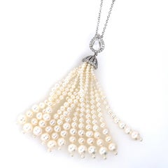 18k White Gold Pearl Cts 11.74 and Pear-Shaped Rose-Cut Diamond Tassel Necklace
