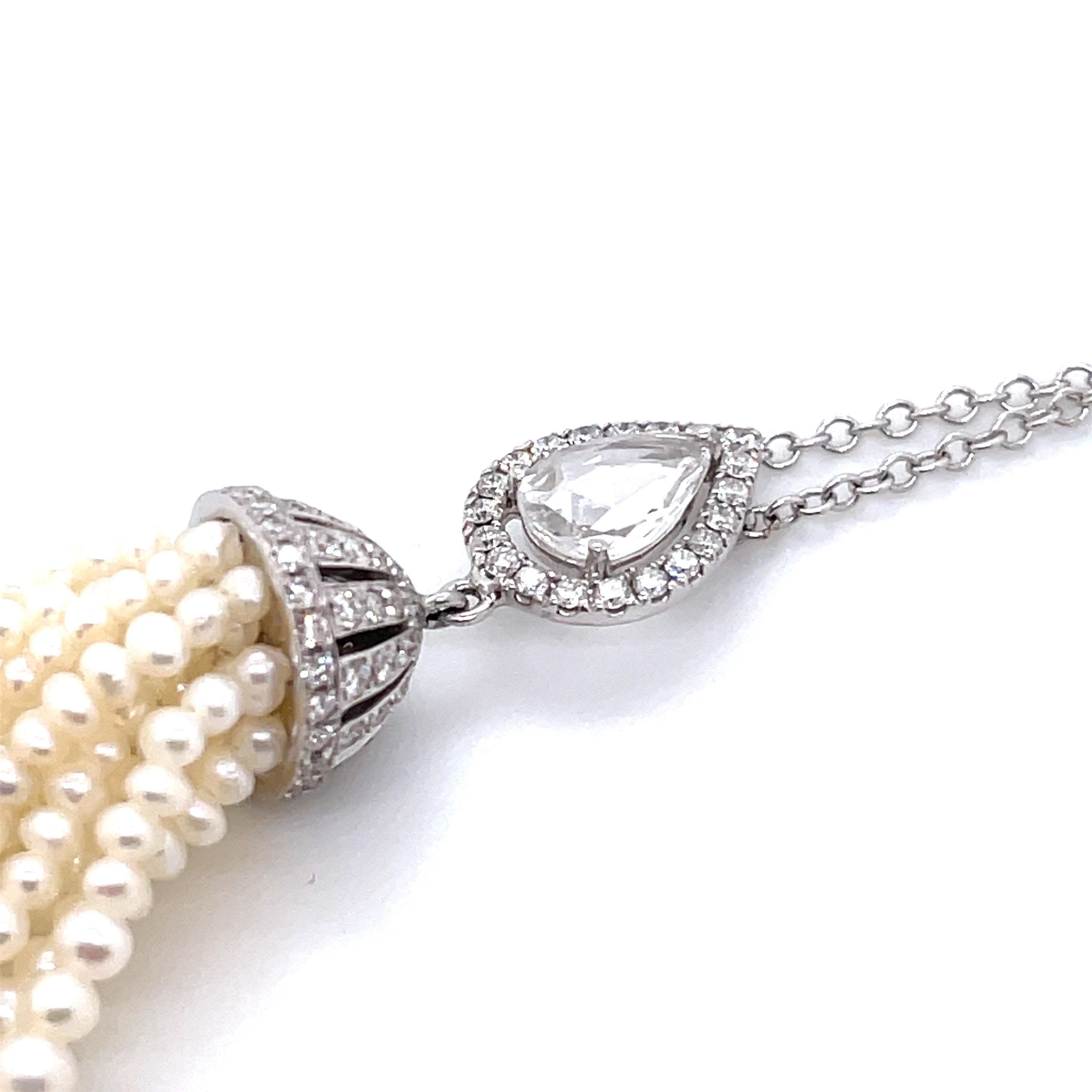 Contemporary 18k White Gold Pearl Cts 11.74 and Pear-Shaped Rose-Cut Diamond Tassel Necklace For Sale