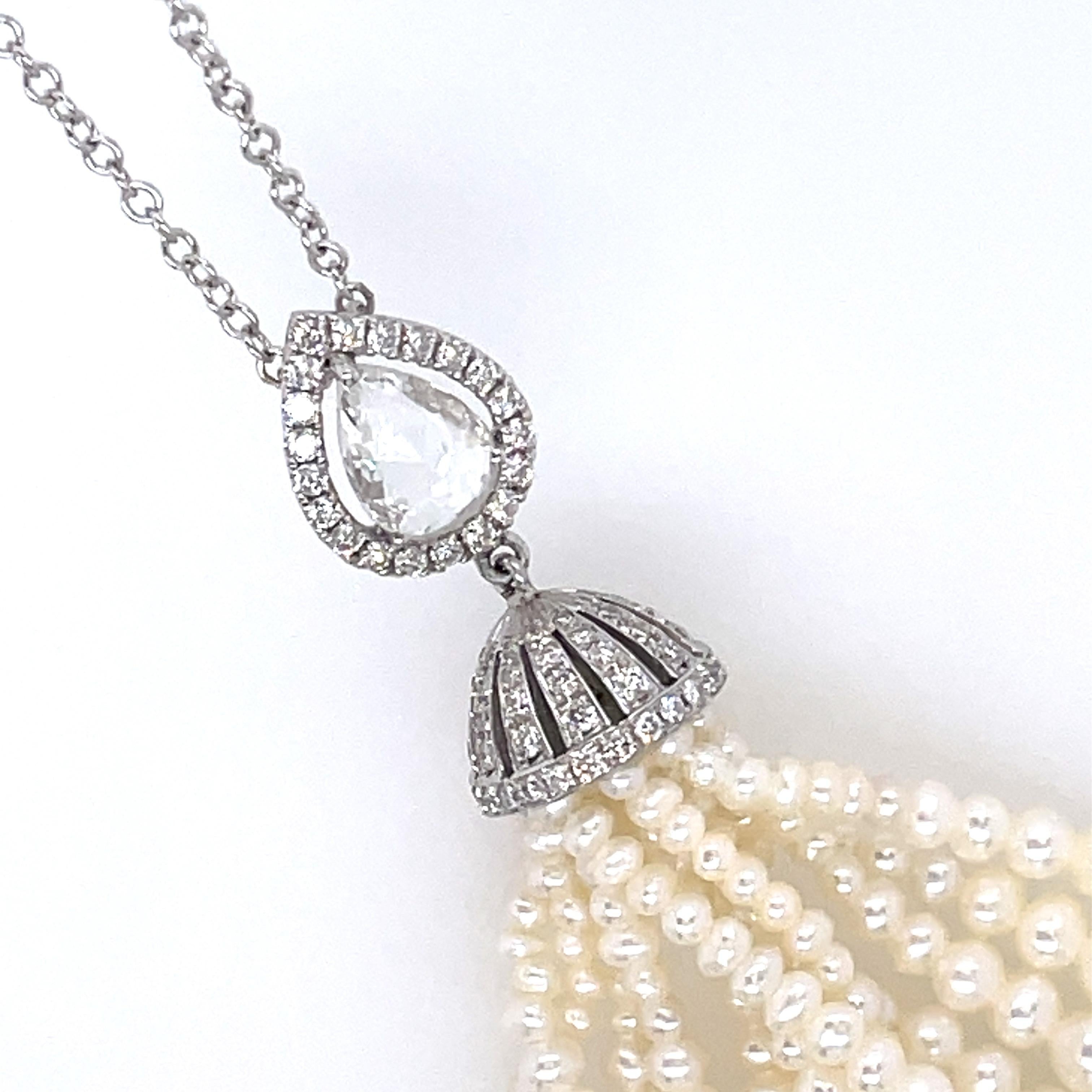 Round Cut 18k White Gold Pearl Cts 11.74 and Pear-Shaped Rose-Cut Diamond Tassel Necklace For Sale