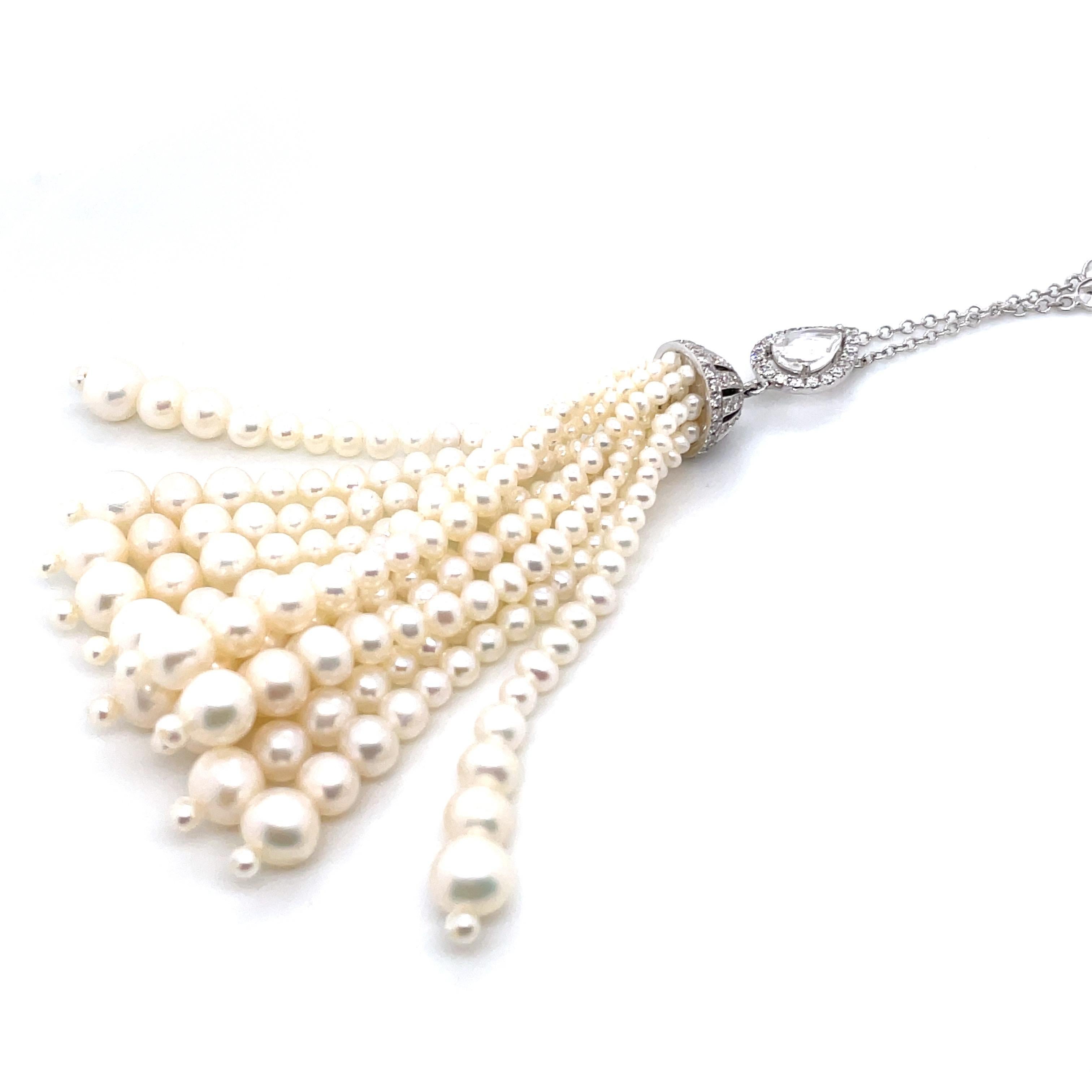 18k White Gold Pearl Cts 11.74 and Pear-Shaped Rose-Cut Diamond Tassel Necklace In New Condition For Sale In Hong Kong, HK