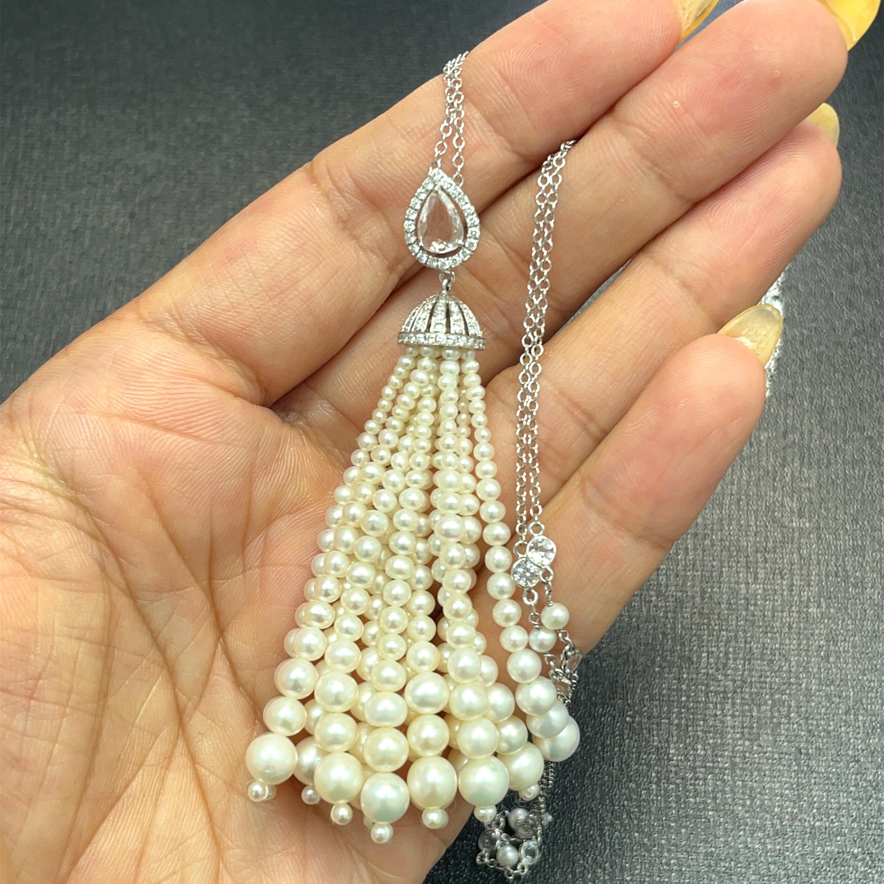 Women's 18k White Gold Pearl Cts 11.74 and Pear-Shaped Rose-Cut Diamond Tassel Necklace For Sale