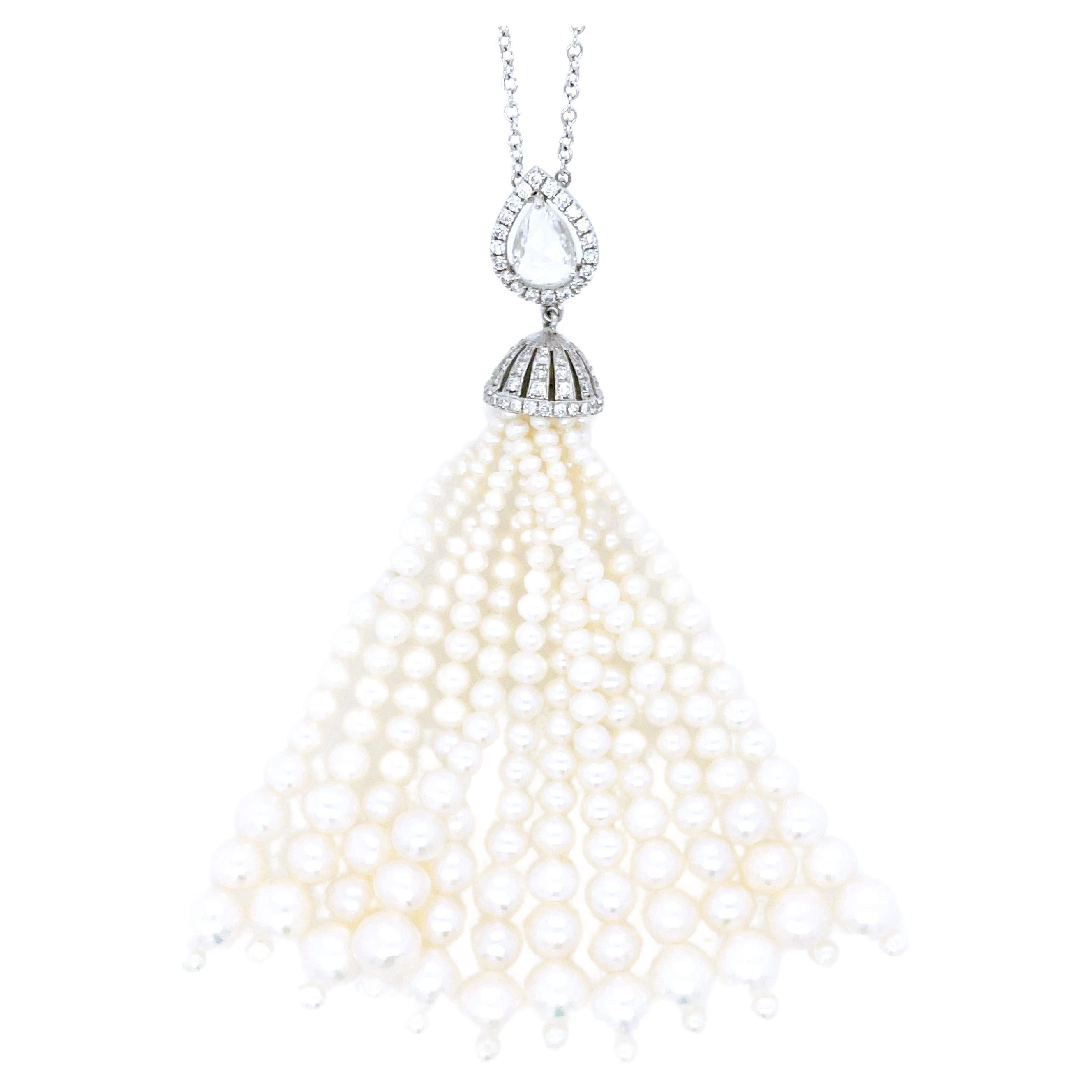 18k White Gold Pearl Cts 11.74 and Pear-Shaped Rose-Cut Diamond Tassel Necklace For Sale