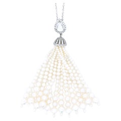 18k White Gold Pearl Cts 11.74 and Pear-Shaped Rose-Cut Diamond Tassel Necklace
