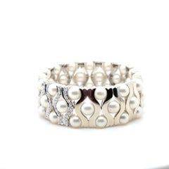 18K White Gold Pearl & Diamond Wide Springy Cuff Bracelet