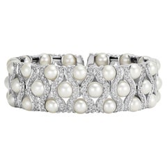18K White Gold Pearl & Diamond Wide Springy Cuff Bracelet