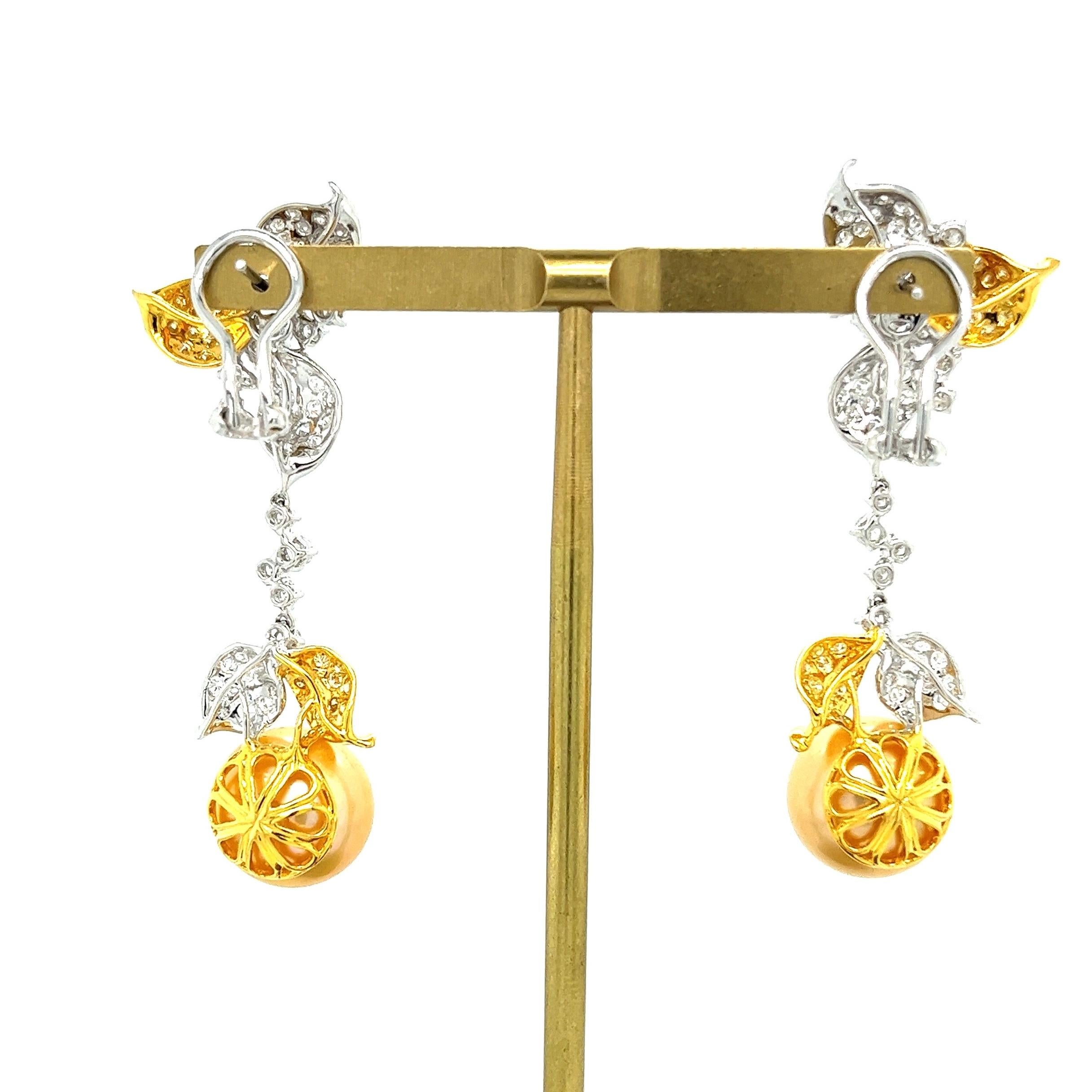 Modern 18K White Gold Pearl & Diamond Drop Earrings For Sale