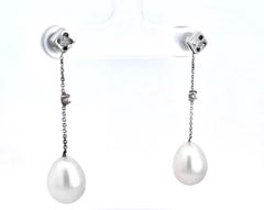 18K White Gold Modern Pearl Drop Earrings with Diamonds, UK, 1990