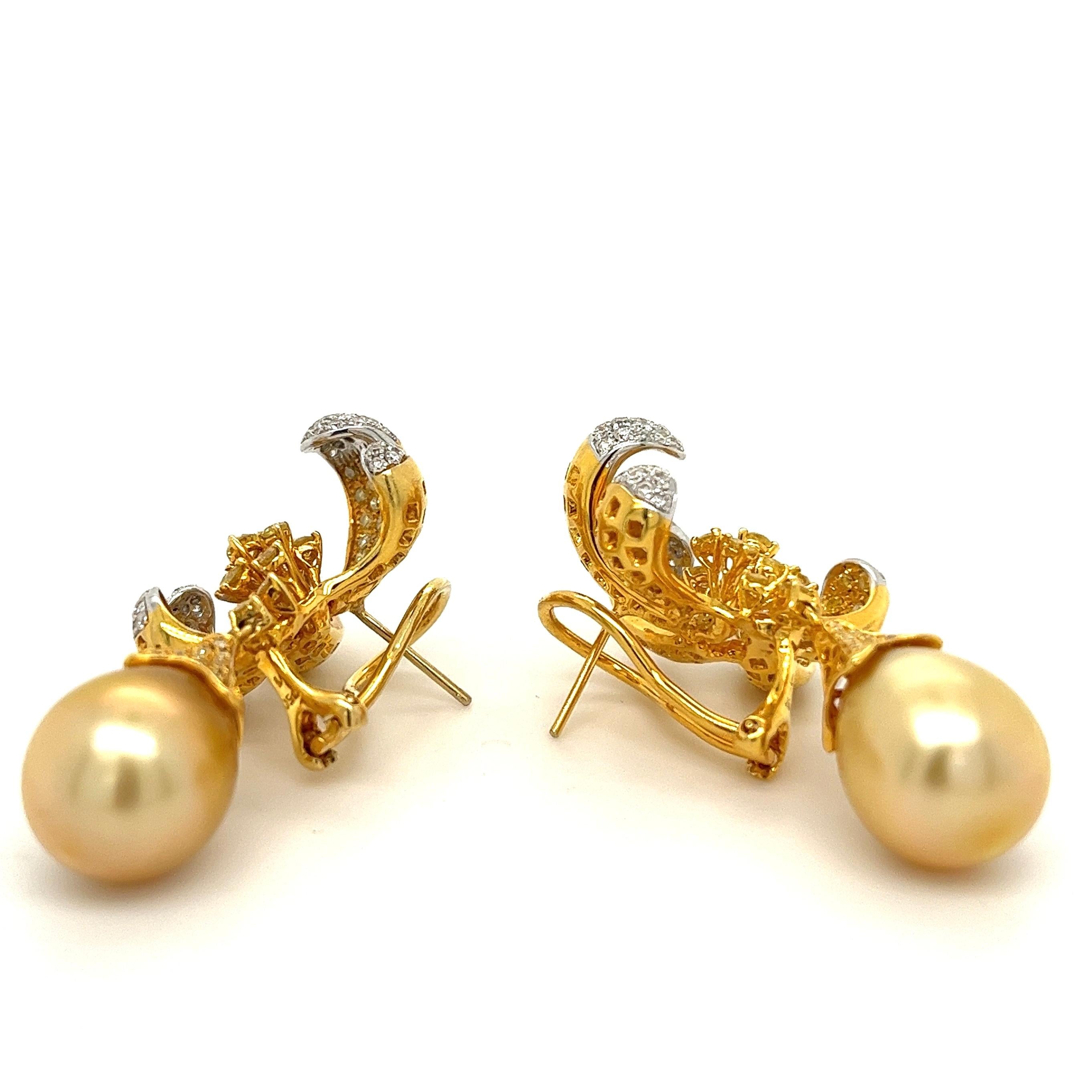 Modern 18K White Gold Pearl Drop Earrings with Diamonds & Fancy Diamonds For Sale