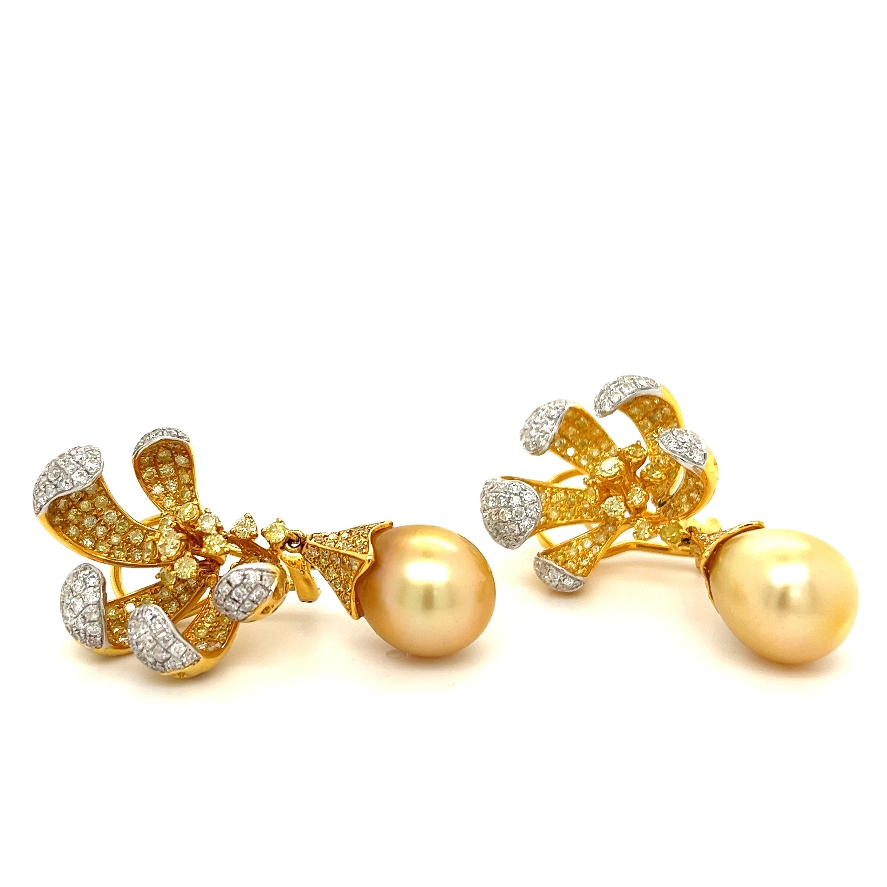Round Cut 18K White Gold Pearl Drop Earrings with Diamonds & Fancy Diamonds For Sale