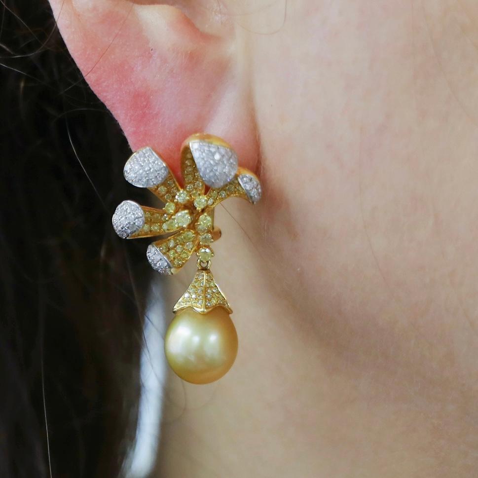 Women's or Men's 18K White Gold Pearl Drop Earrings with Diamonds & Fancy Diamonds For Sale