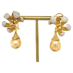 18K White Gold Pearl Drop Earrings with Diamonds & Fancy Diamonds