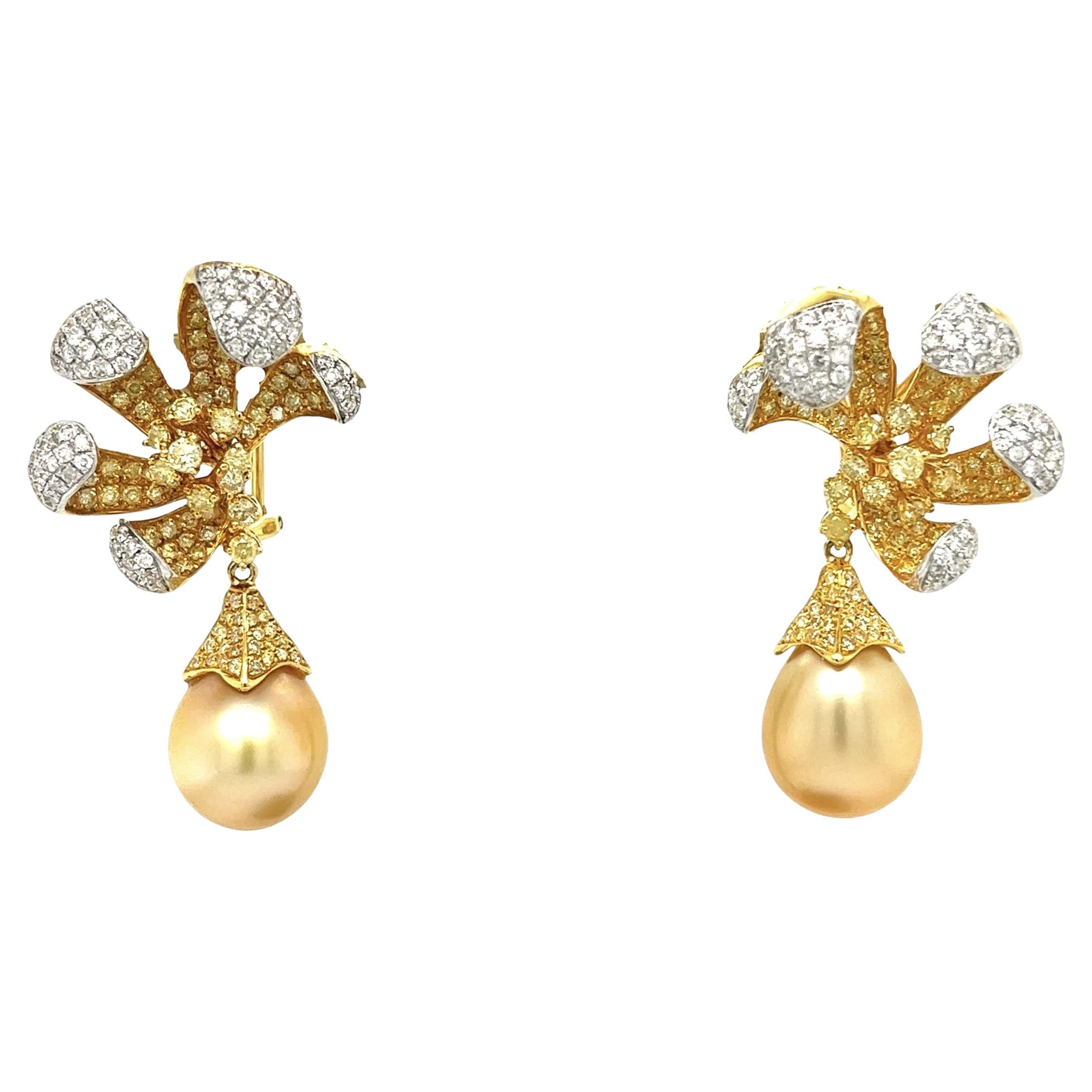18K White Gold Pearl Drop Earrings with Diamonds & Fancy Diamonds