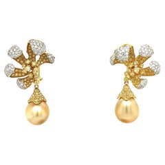 18K White Gold Pearl Drop Earrings with Diamonds & Fancy Diamonds