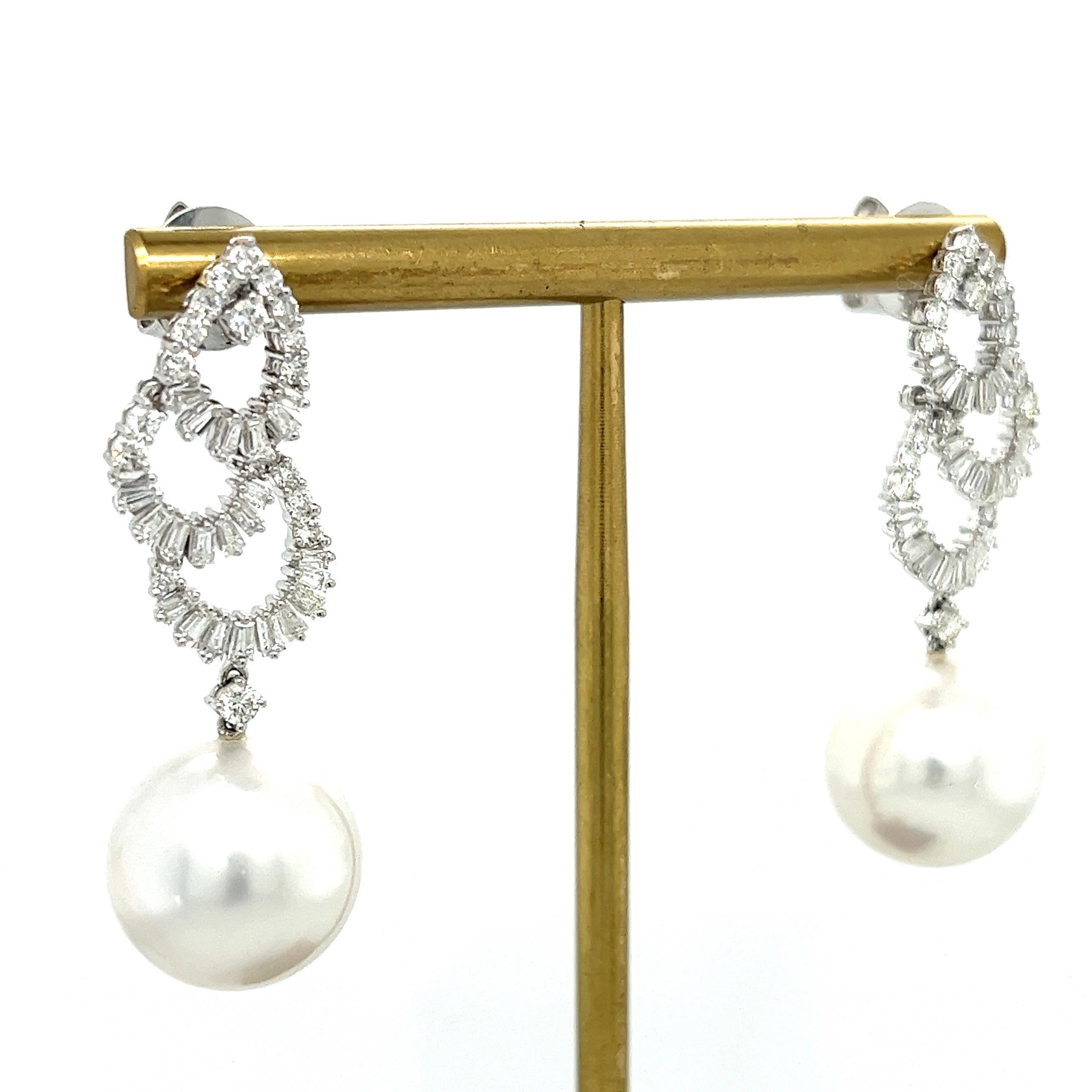 Modern 18K White Gold Pearl Drop Earrings with Diamonds For Sale