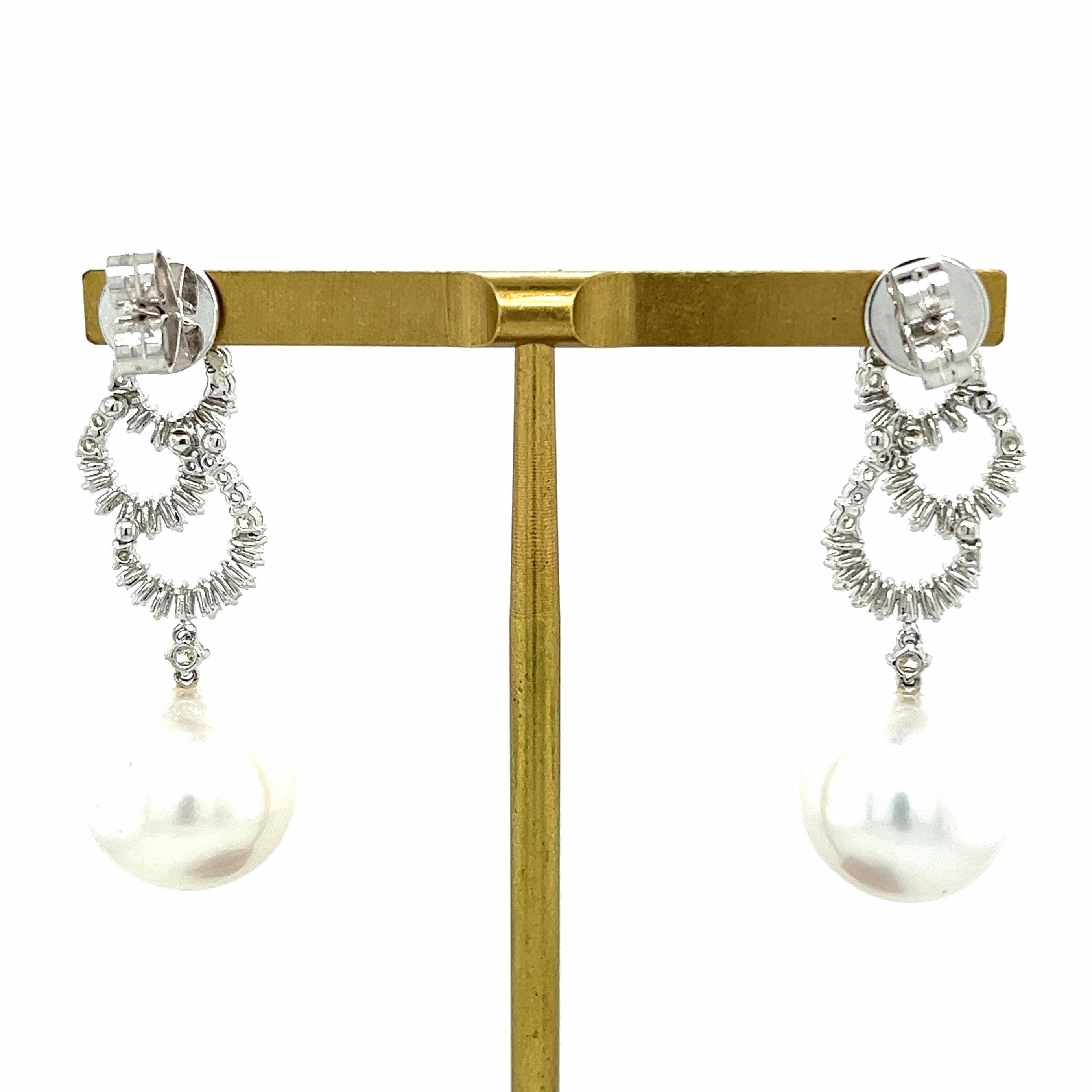 Round Cut 18K White Gold Pearl Drop Earrings with Diamonds For Sale
