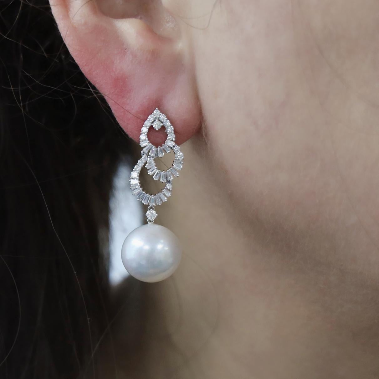 Women's or Men's 18K White Gold Pearl Drop Earrings with Diamonds For Sale