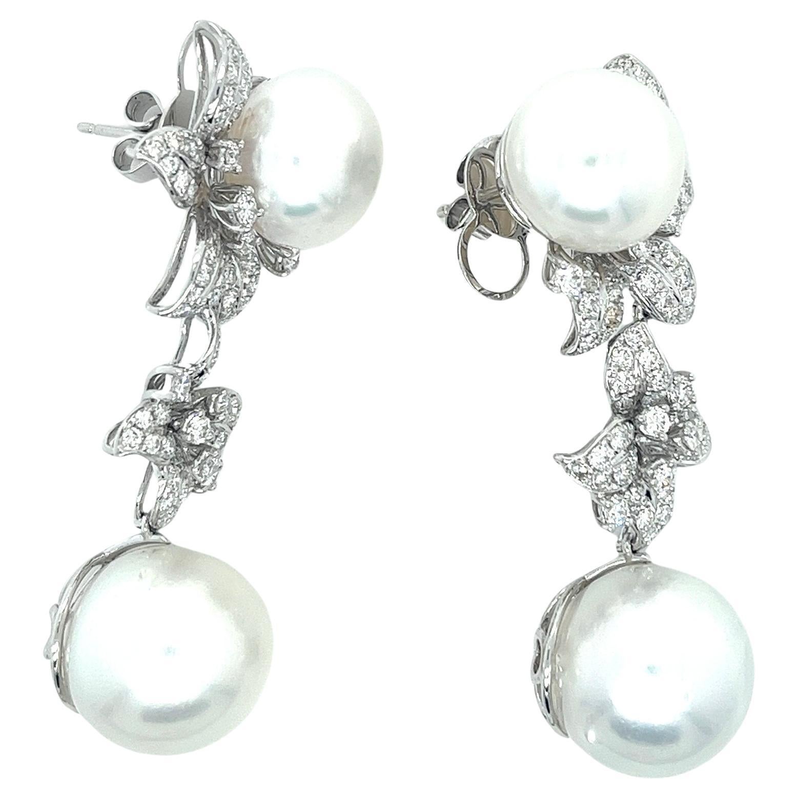 18K White Gold Pearl Drop Earrings with Diamonds For Sale