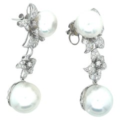 18K White Gold Pearl Drop Earrings with Diamonds