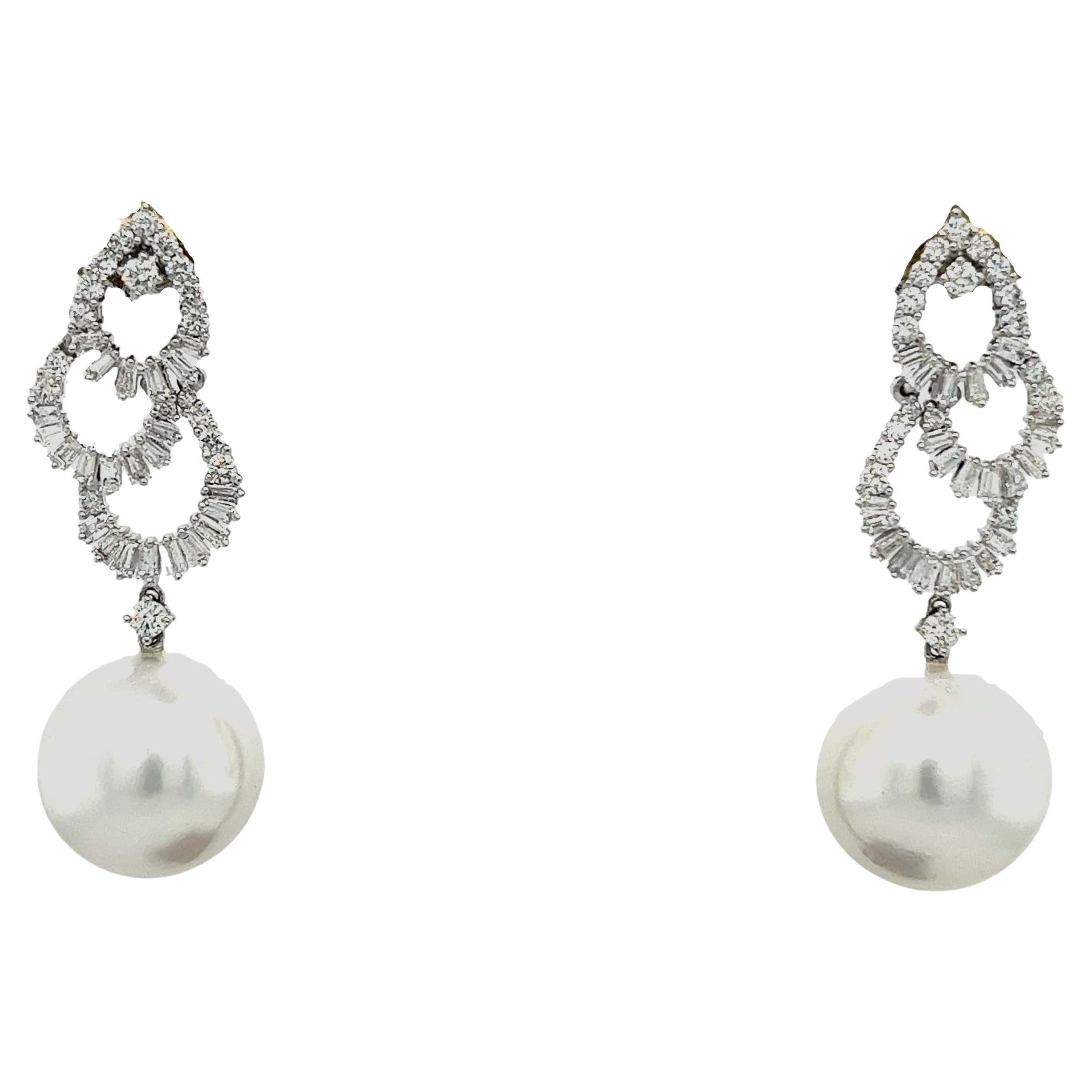 18K White Gold Pearl Drop Earrings with Diamonds