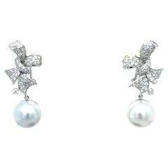 18K White Gold Pearl Drop Earrings with Diamonds