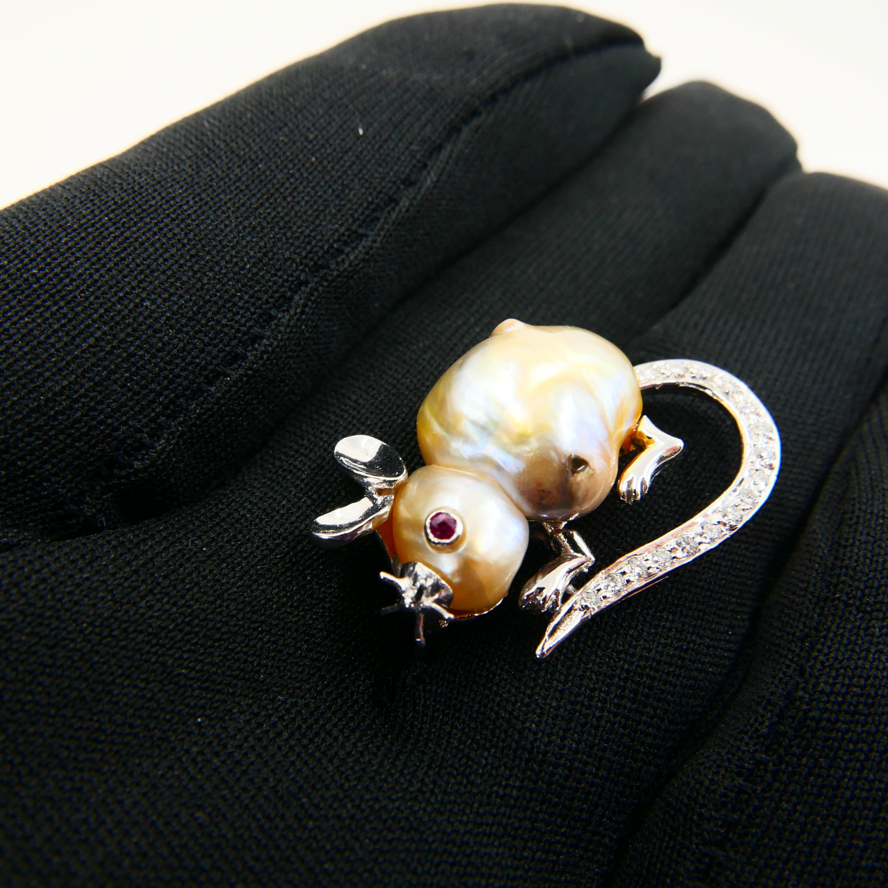 18K White Gold, Pearl, Ruby and Diamond Mouse Brooch, Naturally Realistic For Sale 2