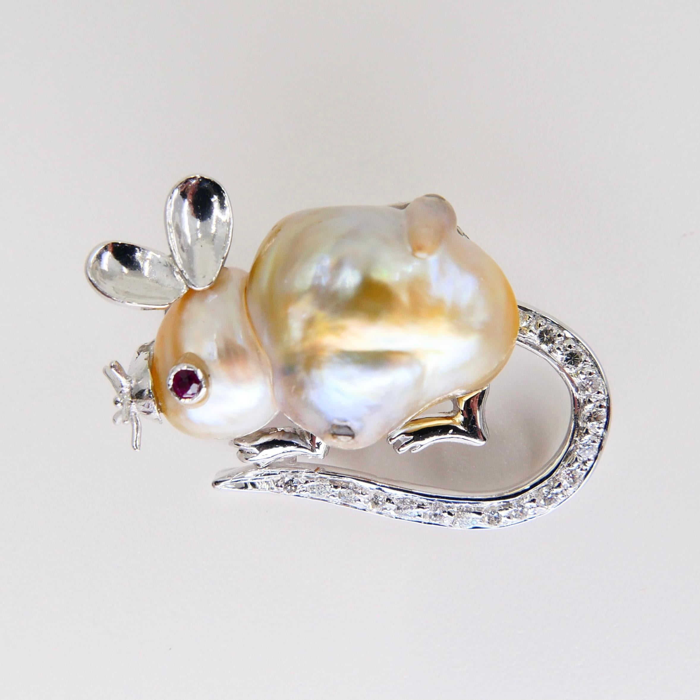 18K White Gold, Pearl, Ruby and Diamond Mouse Brooch, Naturally Realistic For Sale 3