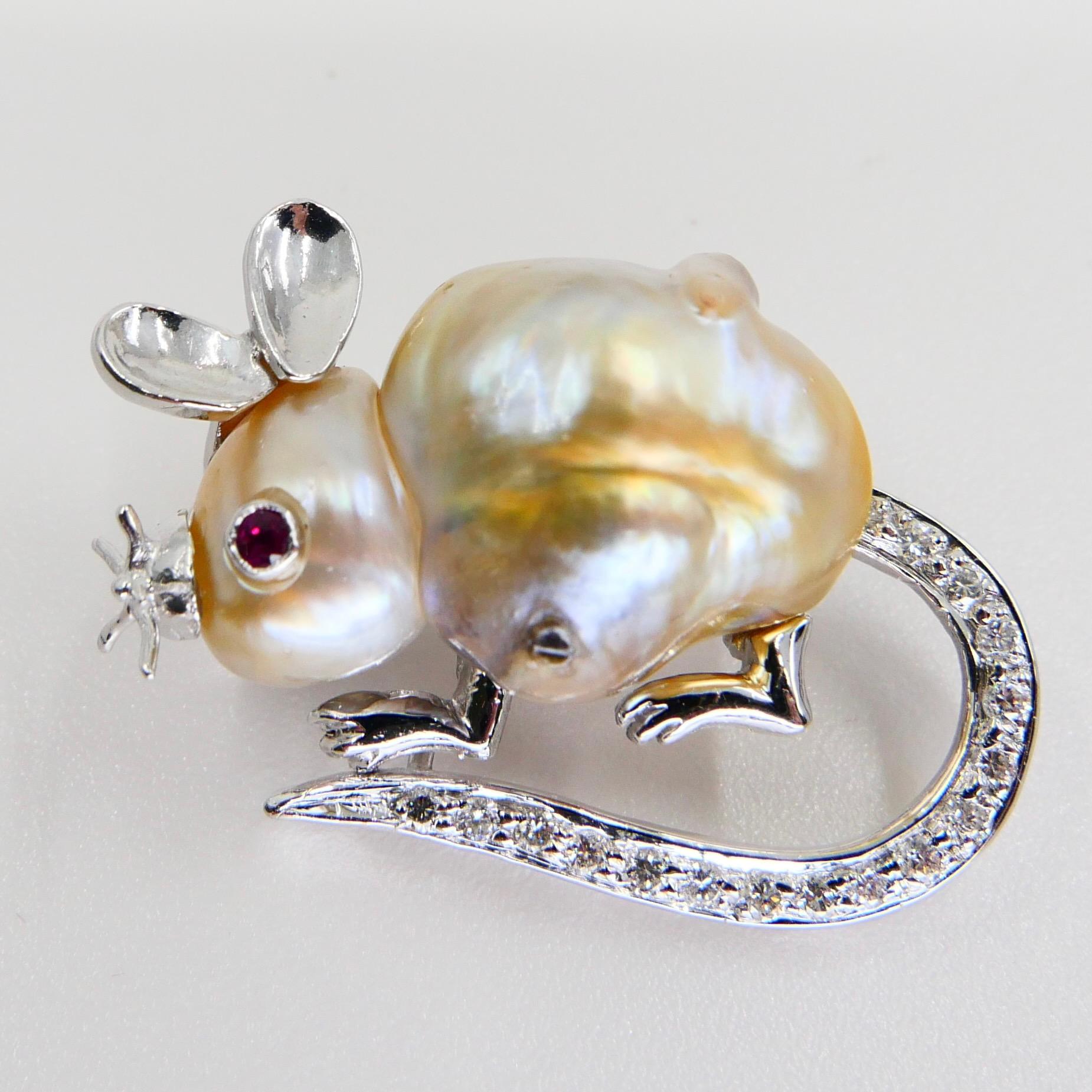 18K White Gold, Pearl, Ruby and Diamond Mouse Brooch, Naturally Realistic For Sale 4