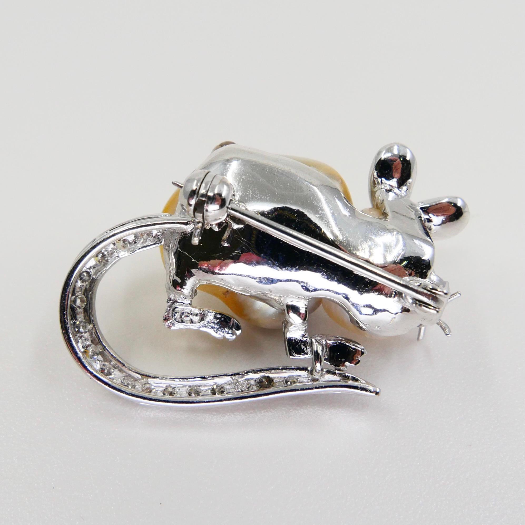 Rough Cut 18K White Gold, Pearl, Ruby and Diamond Mouse Brooch, Naturally Realistic For Sale