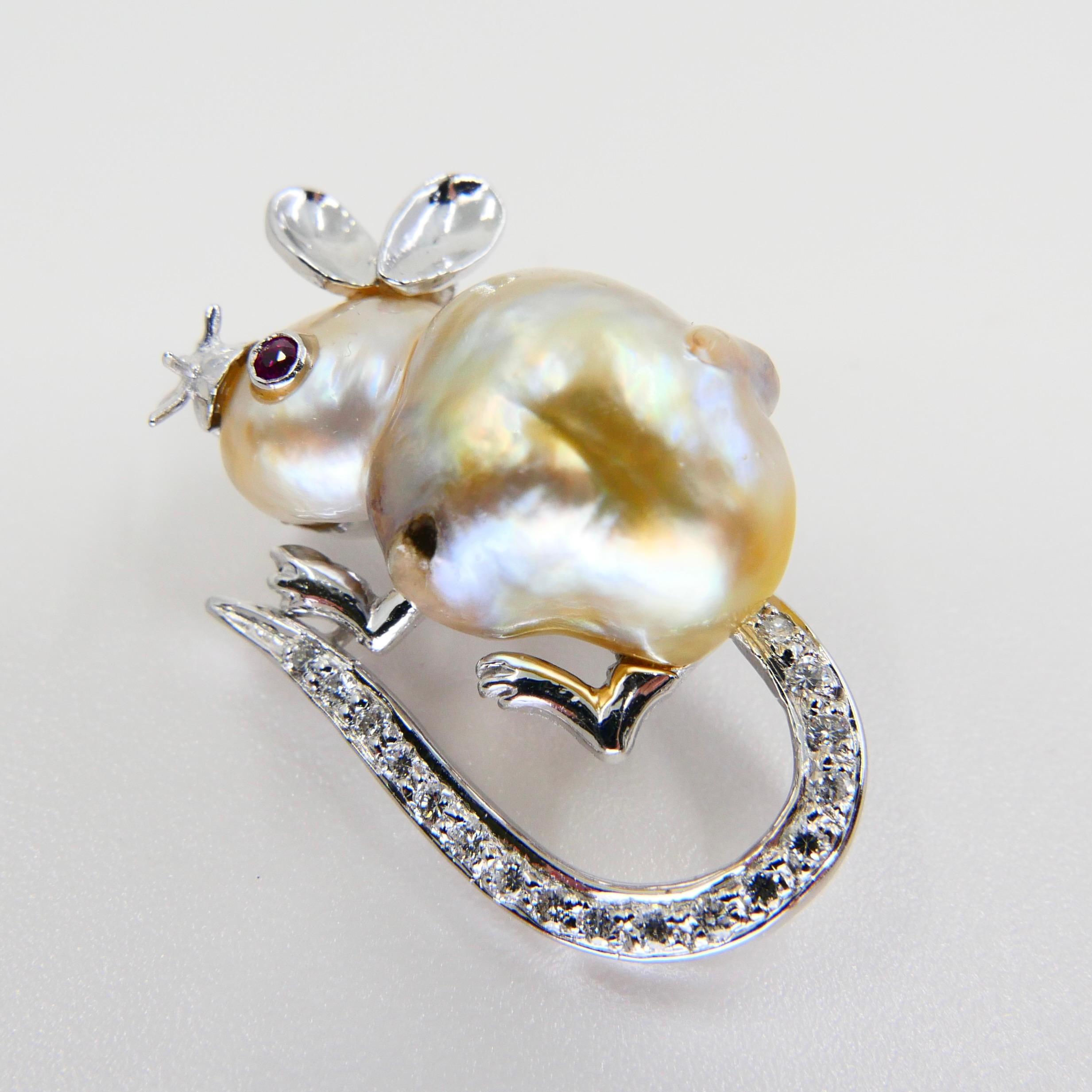 18K White Gold, Pearl, Ruby and Diamond Mouse Brooch, Naturally Realistic In New Condition For Sale In Hong Kong, HK
