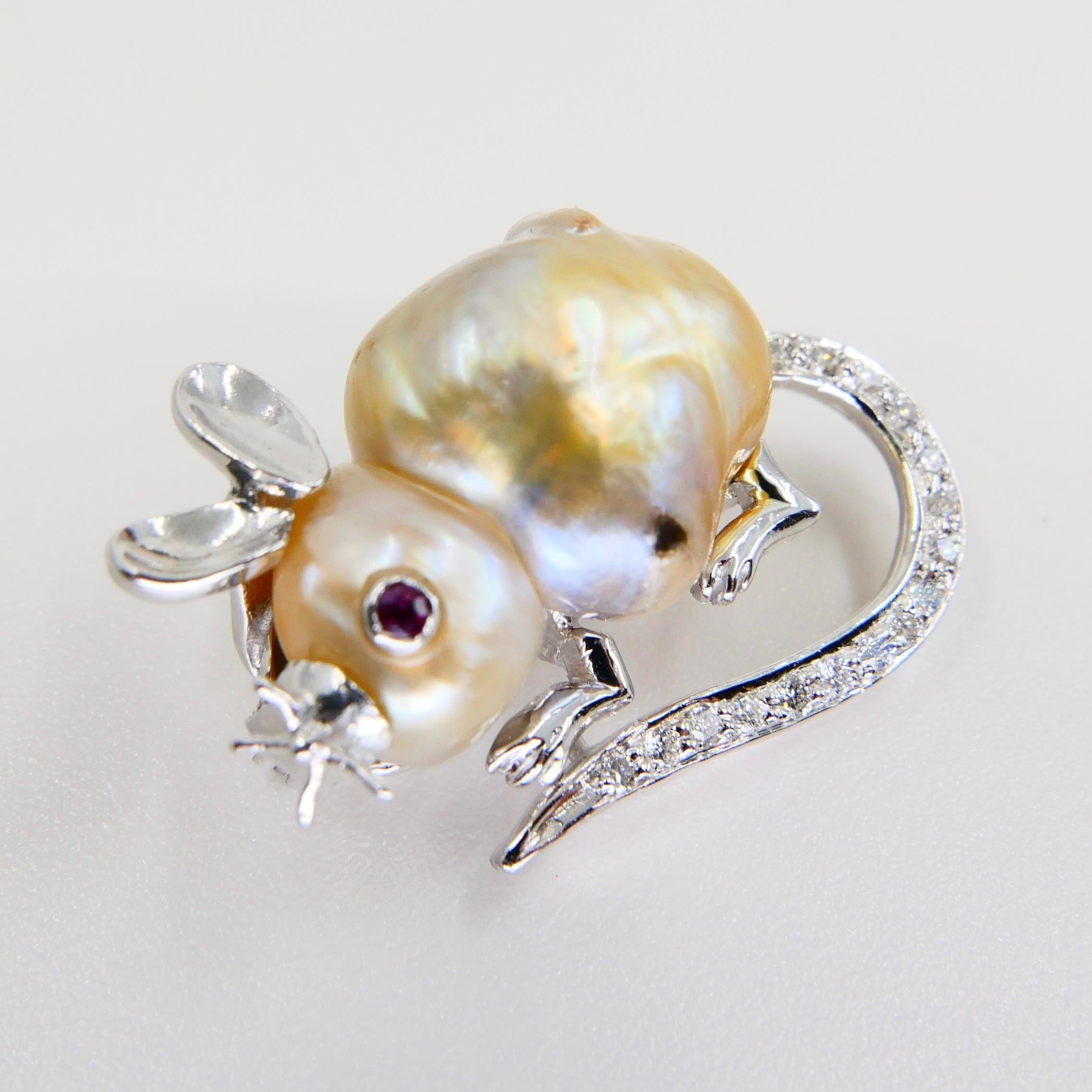 18K White Gold, Pearl, Ruby and Diamond Mouse Brooch, Naturally Realistic For Sale 1