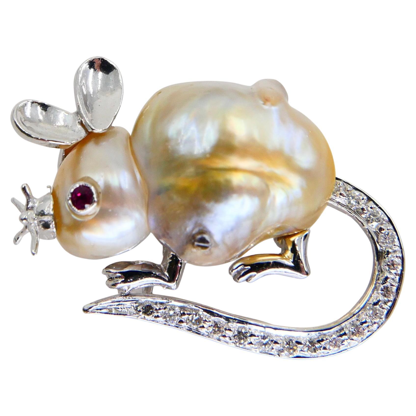 18K White Gold, Pearl, Ruby and Diamond Mouse Brooch, Naturally Realistic For Sale