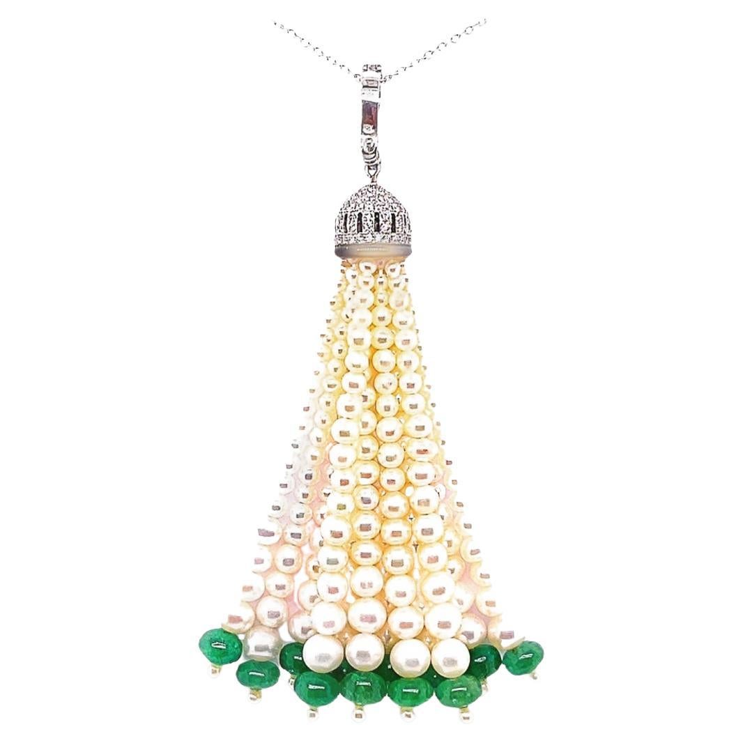 18k White Gold Freshwater Pearl Cts 11.79 and Diamond Tassel Necklace For Sale