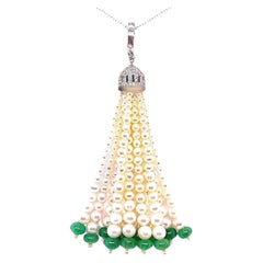 18k White Gold Freshwater Pearl Cts 11.79 and Diamond Tassel Necklace