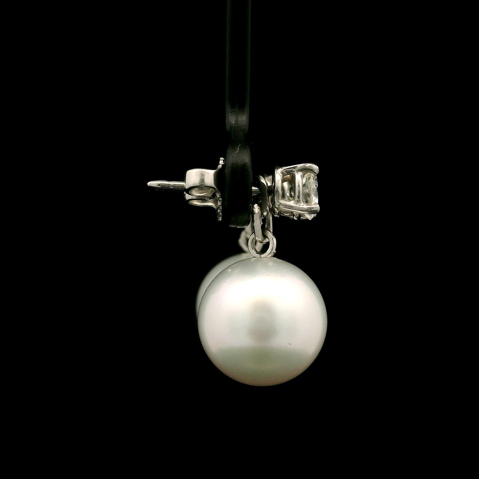 18k White Gold Pearl w/ 1ctw Diamond Wearable as Stud Or Dangle Drop Earrings For Sale 5