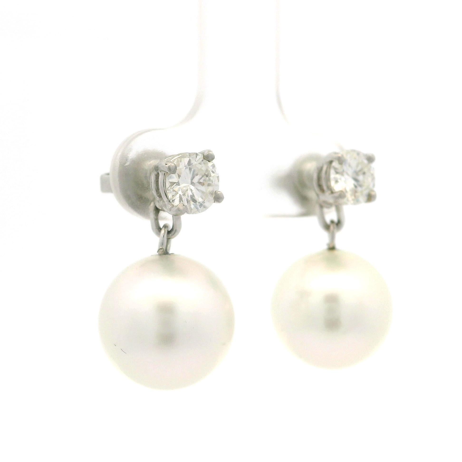 18k White Gold Pearl w/ 1ctw Diamond Wearable as Stud Or Dangle Drop Earrings For Sale 6