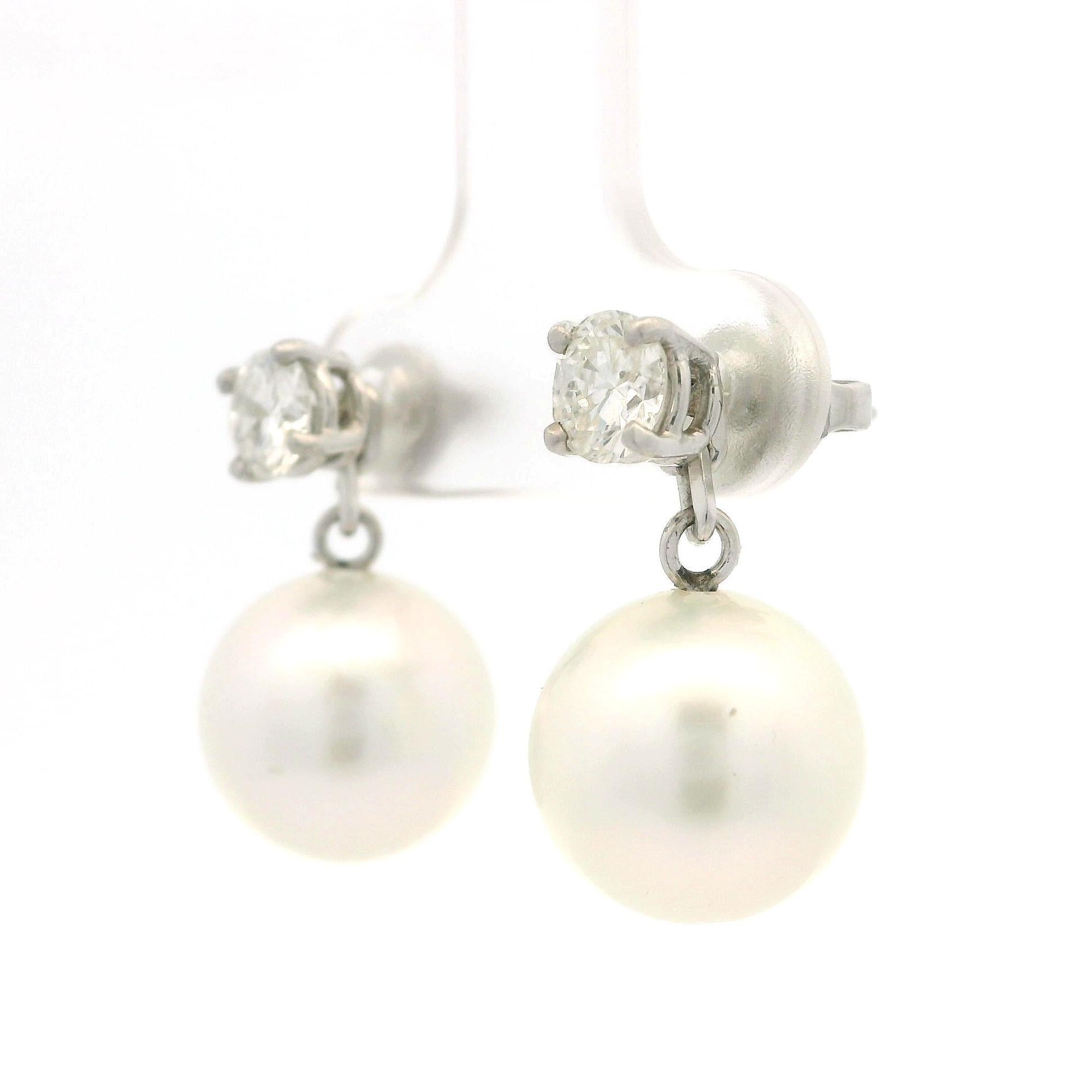 18k White Gold Pearl w/ 1ctw Diamond Wearable as Stud Or Dangle Drop Earrings For Sale 7