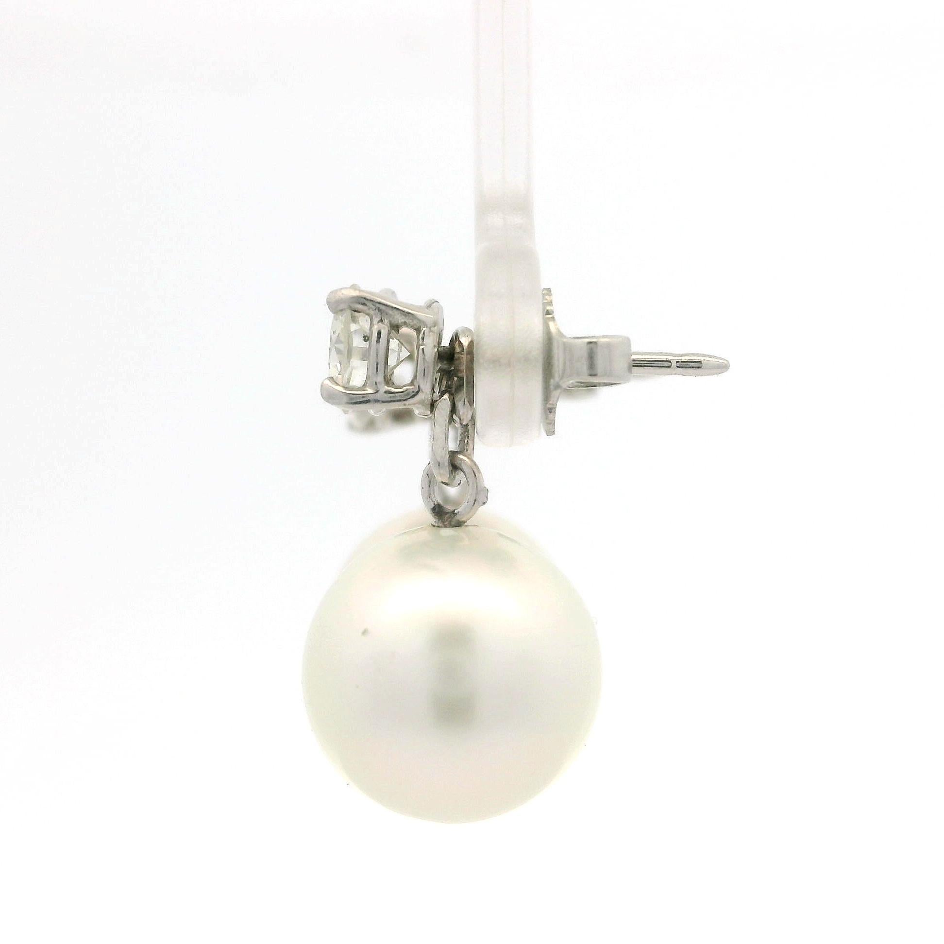 18k White Gold Pearl w/ 1ctw Diamond Wearable as Stud Or Dangle Drop Earrings For Sale 8