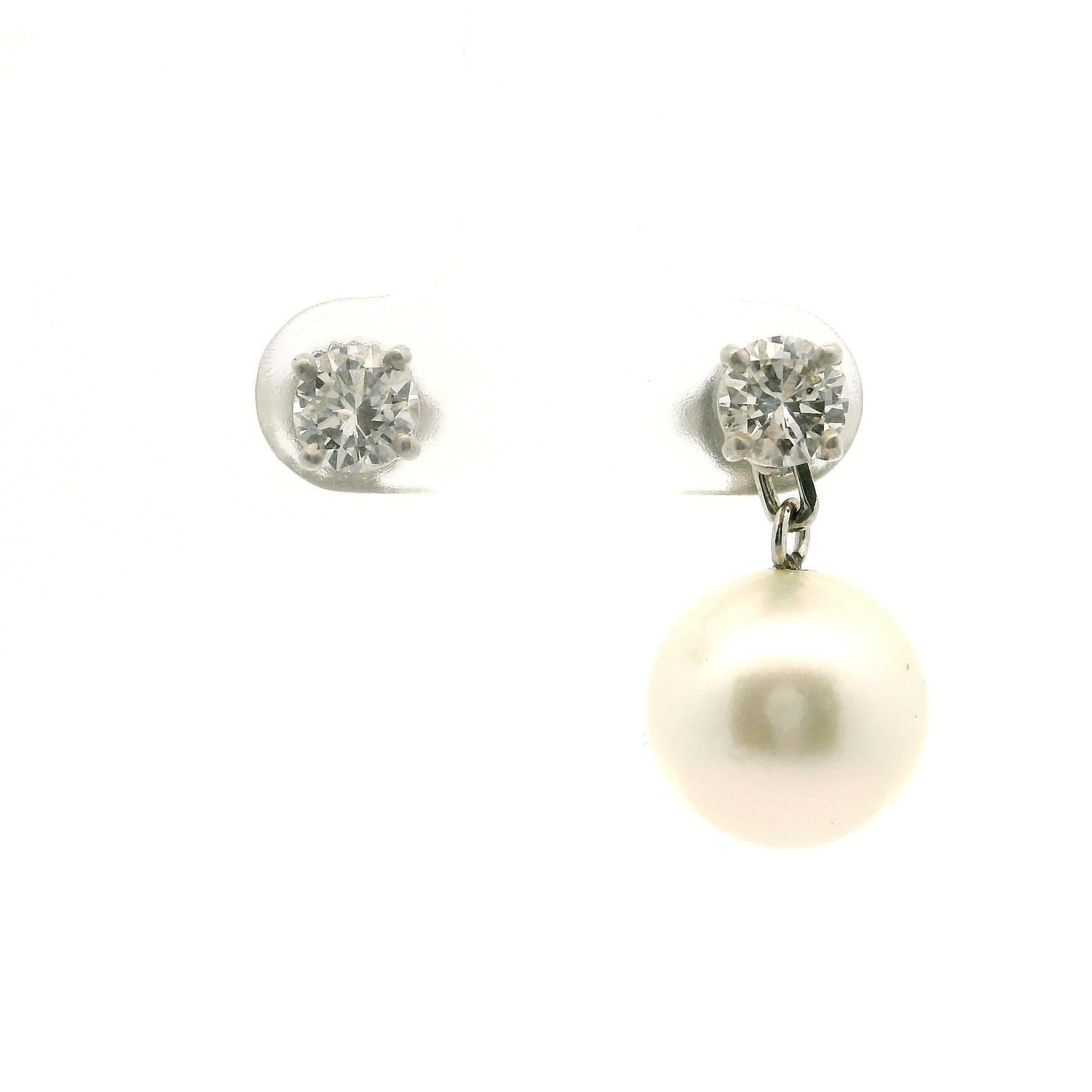 Round Cut 18k White Gold Pearl w/ 1ctw Diamond Wearable as Stud Or Dangle Drop Earrings For Sale