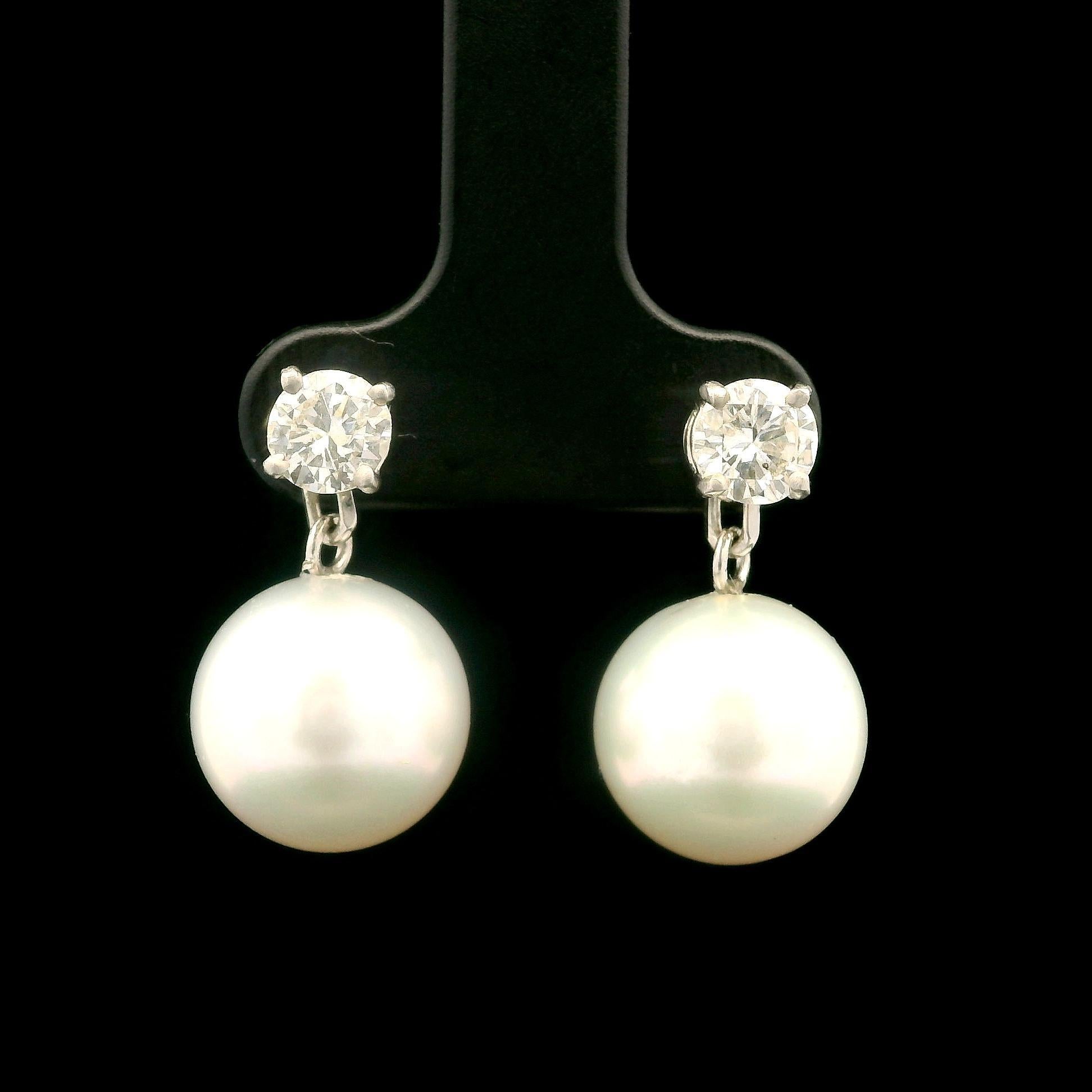 Women's 18k White Gold Pearl w/ 1ctw Diamond Wearable as Stud Or Dangle Drop Earrings For Sale