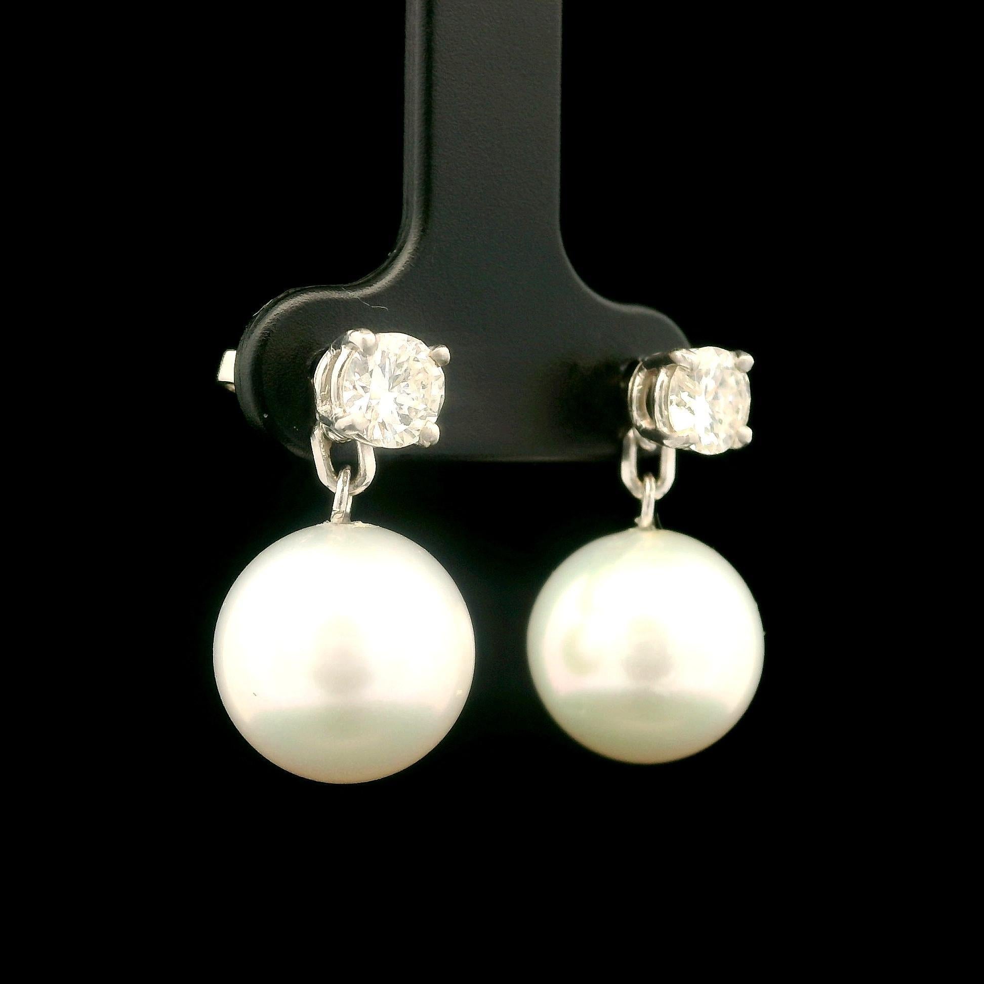 18k White Gold Pearl w/ 1ctw Diamond Wearable as Stud Or Dangle Drop Earrings For Sale 1