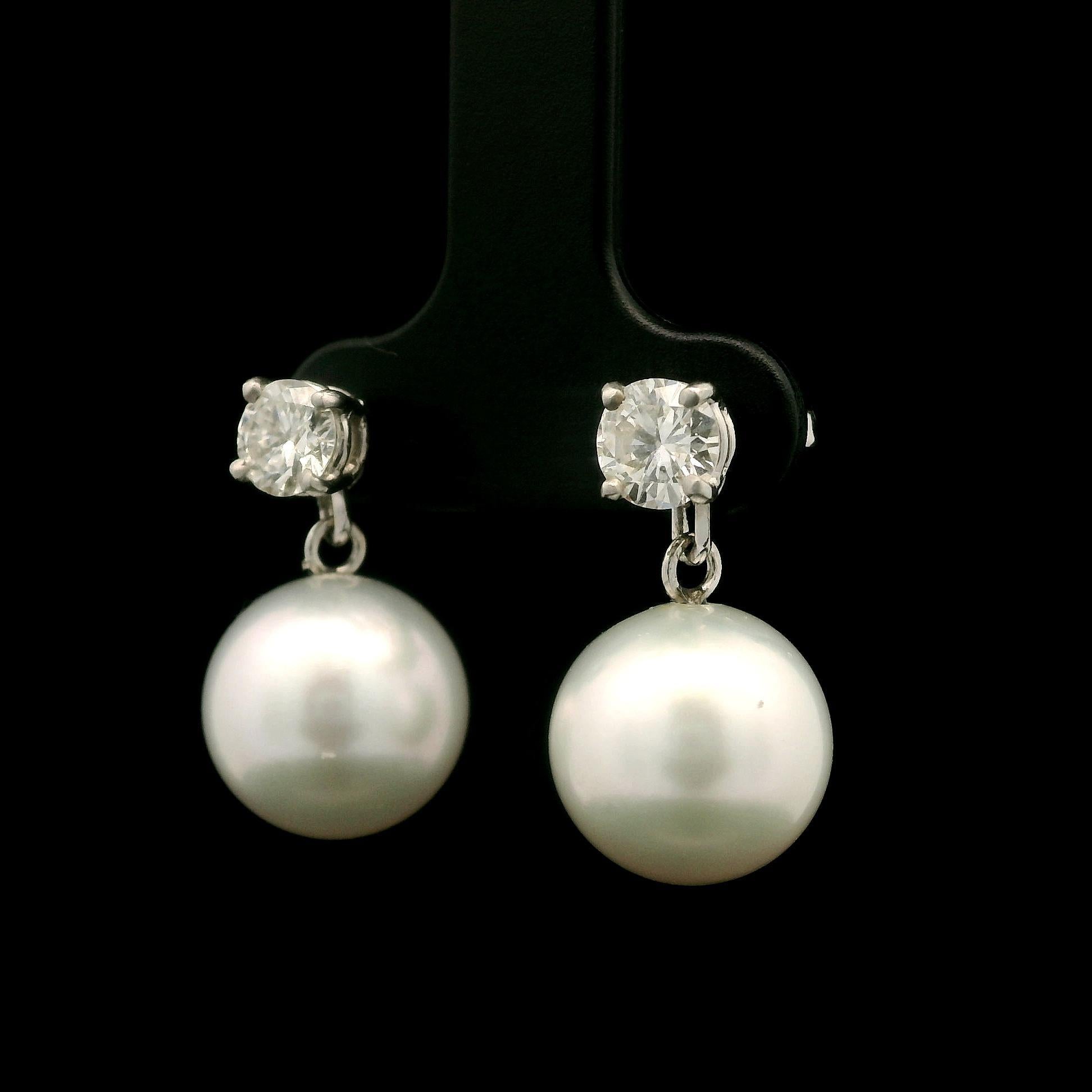 18k White Gold Pearl w/ 1ctw Diamond Wearable as Stud Or Dangle Drop Earrings For Sale 2